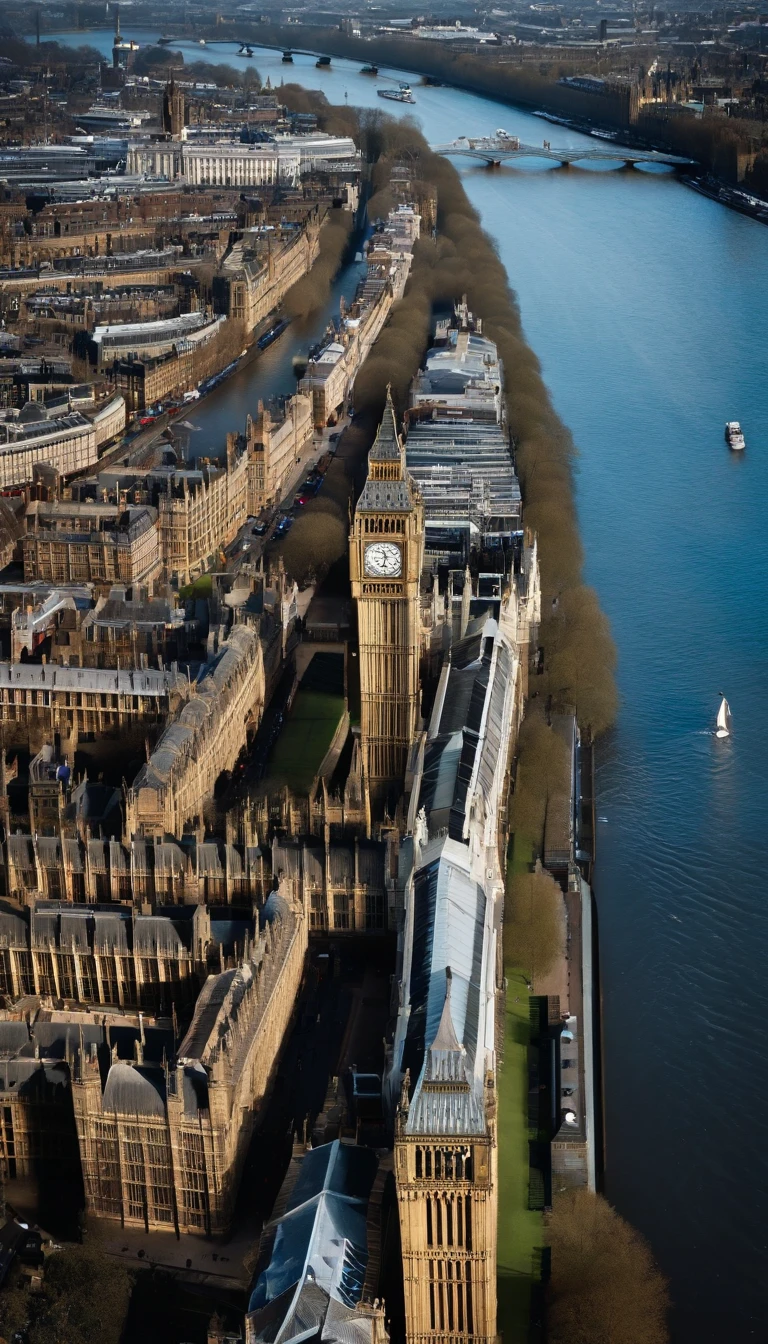 Aerial photograph of a house in the UK,Rows of sloping houses,Diagonal composition,Thames embankment,Big Ben, london, Rich in detail,photo realistic style:Photogram