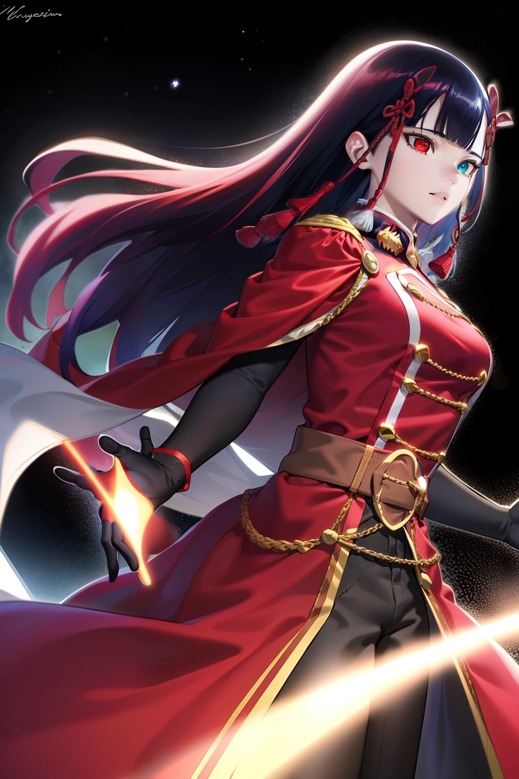 best quality,masterpiece,Master piece,extremely detailed CG unity 8k,cinemic lighting, yamashiro768, gloves, red cape, very long hair, Half body , heterochromia , White and black hair , beautiful eyes , beautiful face , high quality eye detail , high quality face , ultra high quality facial expression , beautiful character detail , ultra high costume detail , emotional face , starry night background