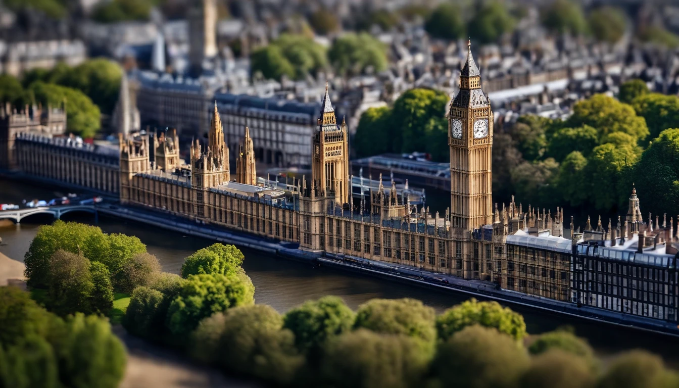 Aerial photograph of a house in the UK，Rows of sloping houses，Diagonal composition，Thames embankment,Big Ben, london, Rich in detail，photo realistic style:Photogram