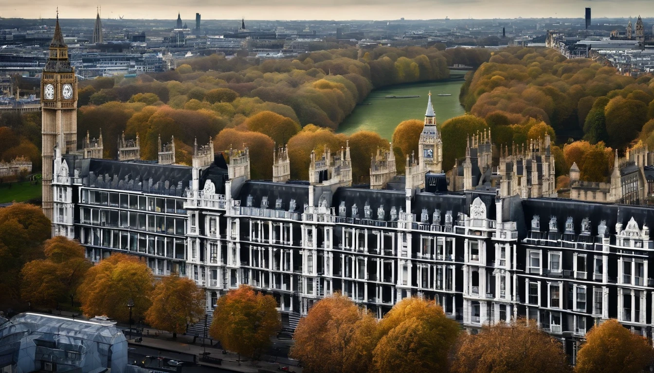 Aerial photograph of a house in the UK,Rows of sloping houses,Diagonal composition,Thames embankment,Big Ben, london, Rich in detail,photo realistic style:Photogram