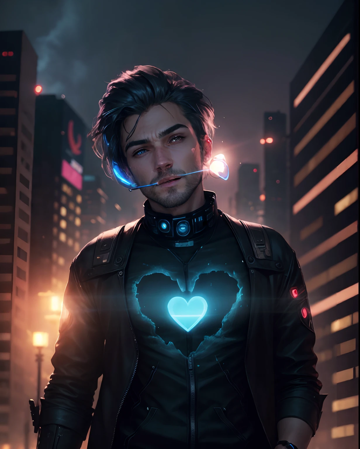 Lighting city,cyberpunk, men,realistic face, love