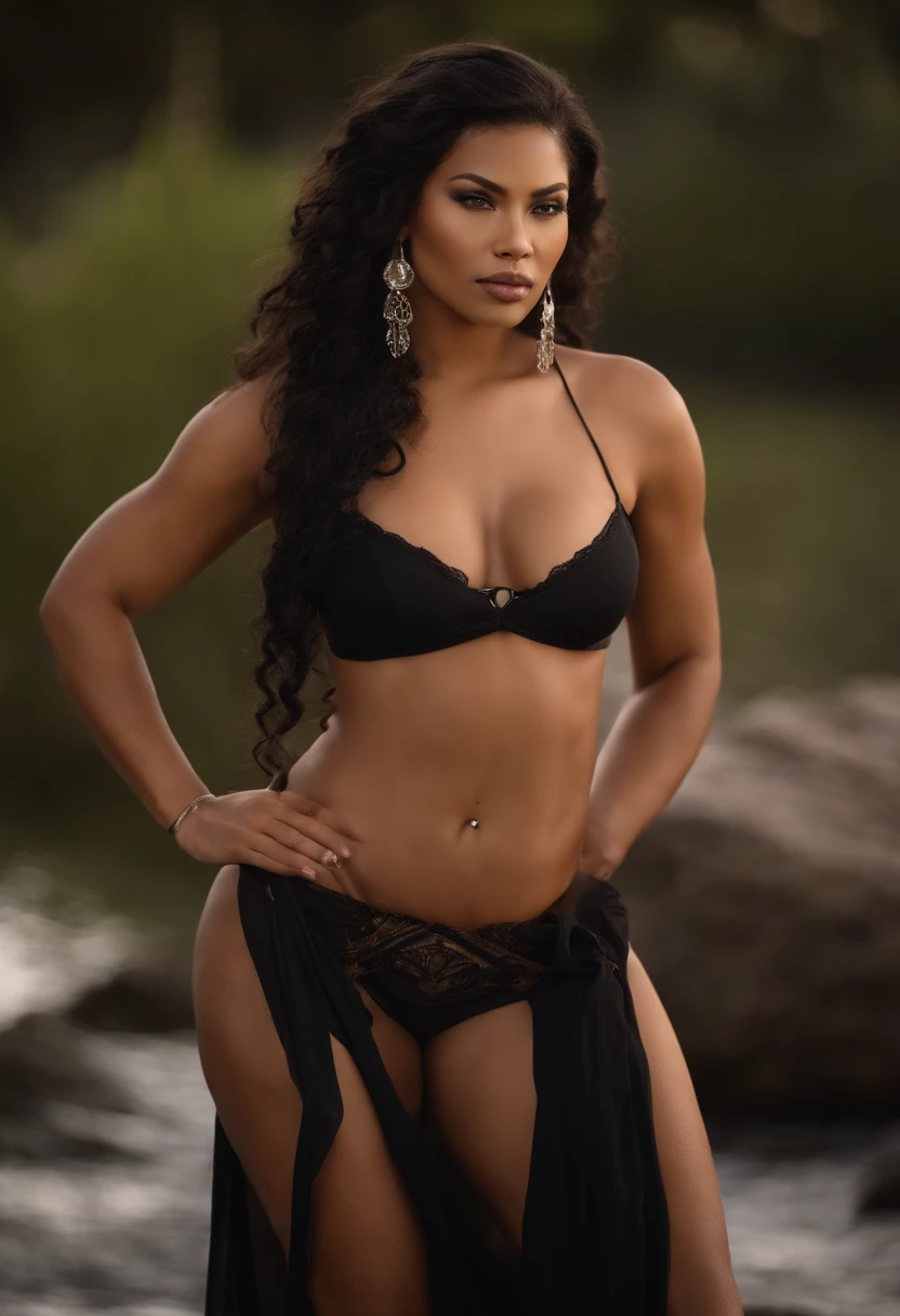 A half ebony, half Irish, half Samoan, and half Filipino woman, a vampire, has a Chicano style about her, has a great physique, soft demeanor, mature, and wields a weapon. Has braids, glasses, and blue eyes. Coffee and cream colored skin. She shows off her curvaceous body, and standing along the beach at night, only being illuminated by a fire in the distance. She has an ethereal beauty about her, and could steal a man's heart with just her looks alone.