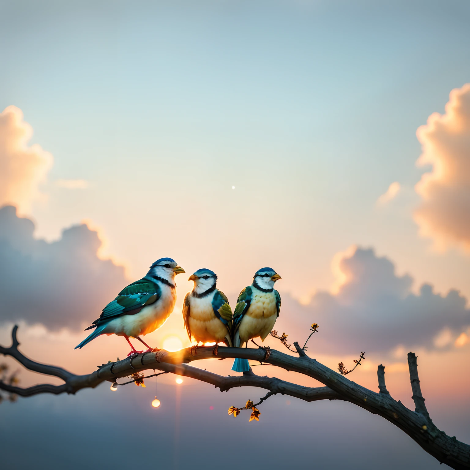 2 birds sitting on branches, big breasts beautiful, peacful, morningglow, closeup cleavage, volume colors, 动态照明, cinematic ligh, depth of fields,The sky is brighter