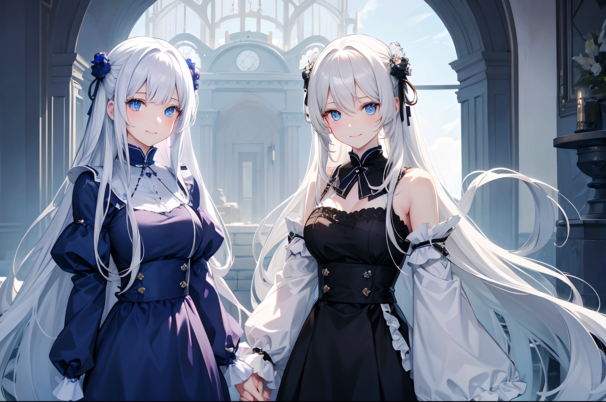 Twin young women with long white hair. Their eyes are bright blue. The characters of the two are polar opposites. One was very cheerful and smiled warmly. There was a warm aura about her. The other was quiet and calm. There was a cold aura about her.