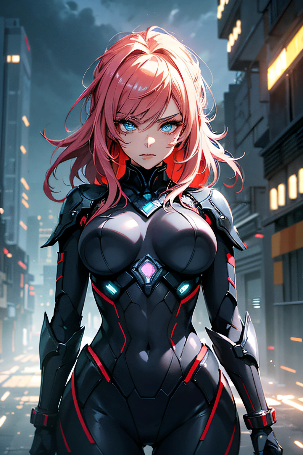 A mecha woman combat in a dystopian city, embellished with futuristic technology. The woman has captivating, piercing blue eyes and perfectly aligned metallic facial features. Her lips are detailed and have a touch of glossy red. The mecha woman's body is adorned with sleek, metallic armor that reflects the intense neon lights of the city. The armor has intricate engravings and glowing red accents that emphasize its power and strength. Sparks fly as she wields a technologically advanced energy blade, illuminating the dark environment. The cityscape is filled with towering skyscrapers, emitting a mix of vibrant colors and shadows. The atmosphere is intense and smoky, with billowing clouds of steam and fog that add drama to the scene. The lighting is dramatic, casting striking shadows and highlighting the mecha woman's silhouette. The color palette is predominantly dark and moody, with pops of neon lights and glowing elements that provide a futuristic feel. The scene is high-res, capturing every tiny detail of the mecha woman's metallic exterior and the dystopian city. The overall artwork has a photorealistic quality, with sharp focus and vivid colors, creating a visually stunning masterpiece.