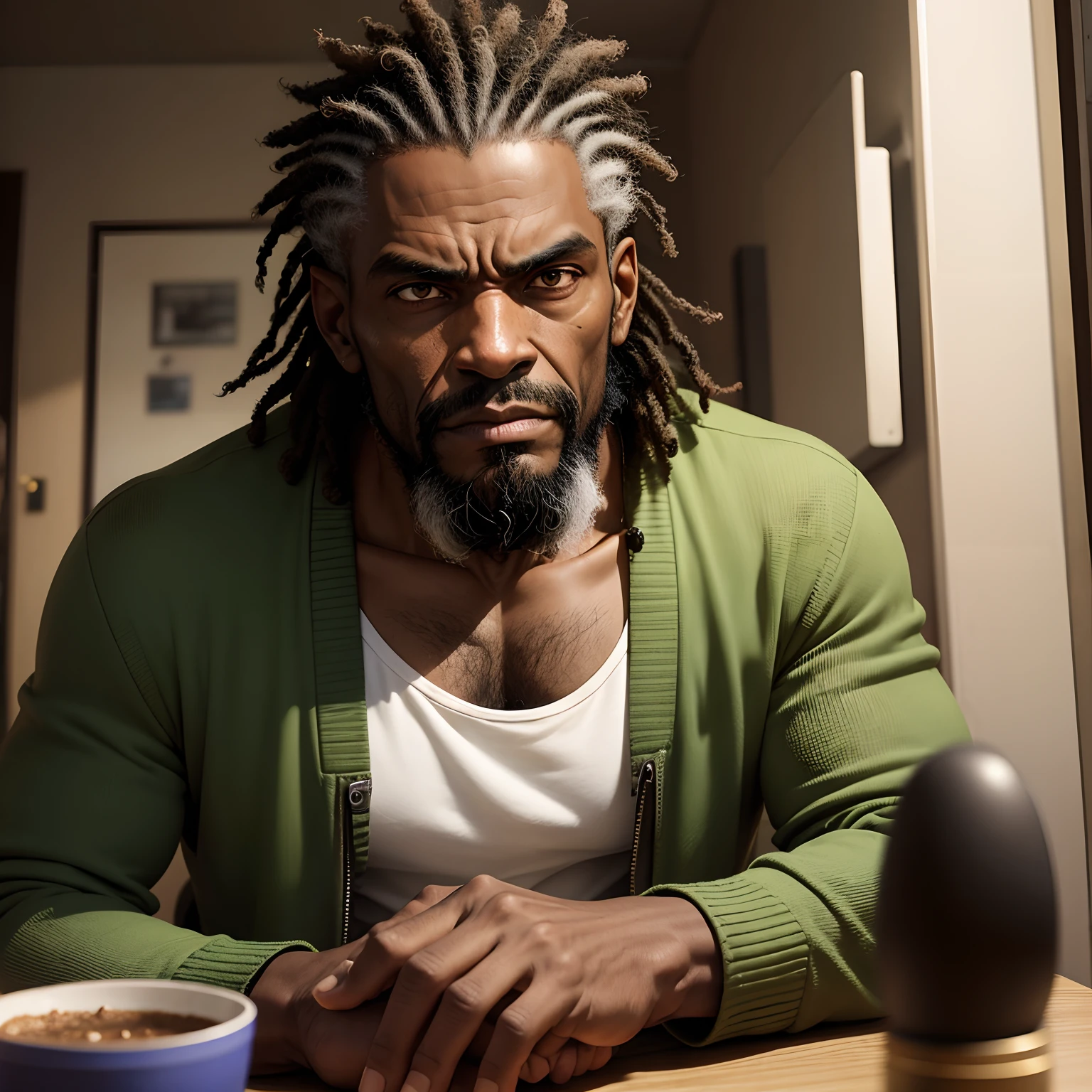 Studio portrait of a grumpy skinny black man, feio, sem barba, meia-idade em uma mesa, cabelos pretos, casaco verde, With a treacherous look