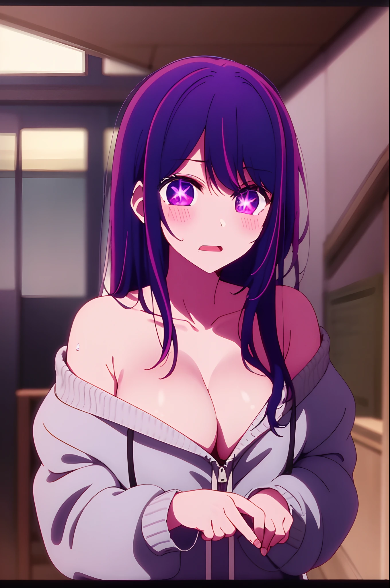 Yukino, best quality, purple color hair, purple eyes, in a black hoodie, cute girl, her expression is solemn, sexy face, she has a cute expressive face, hard breast