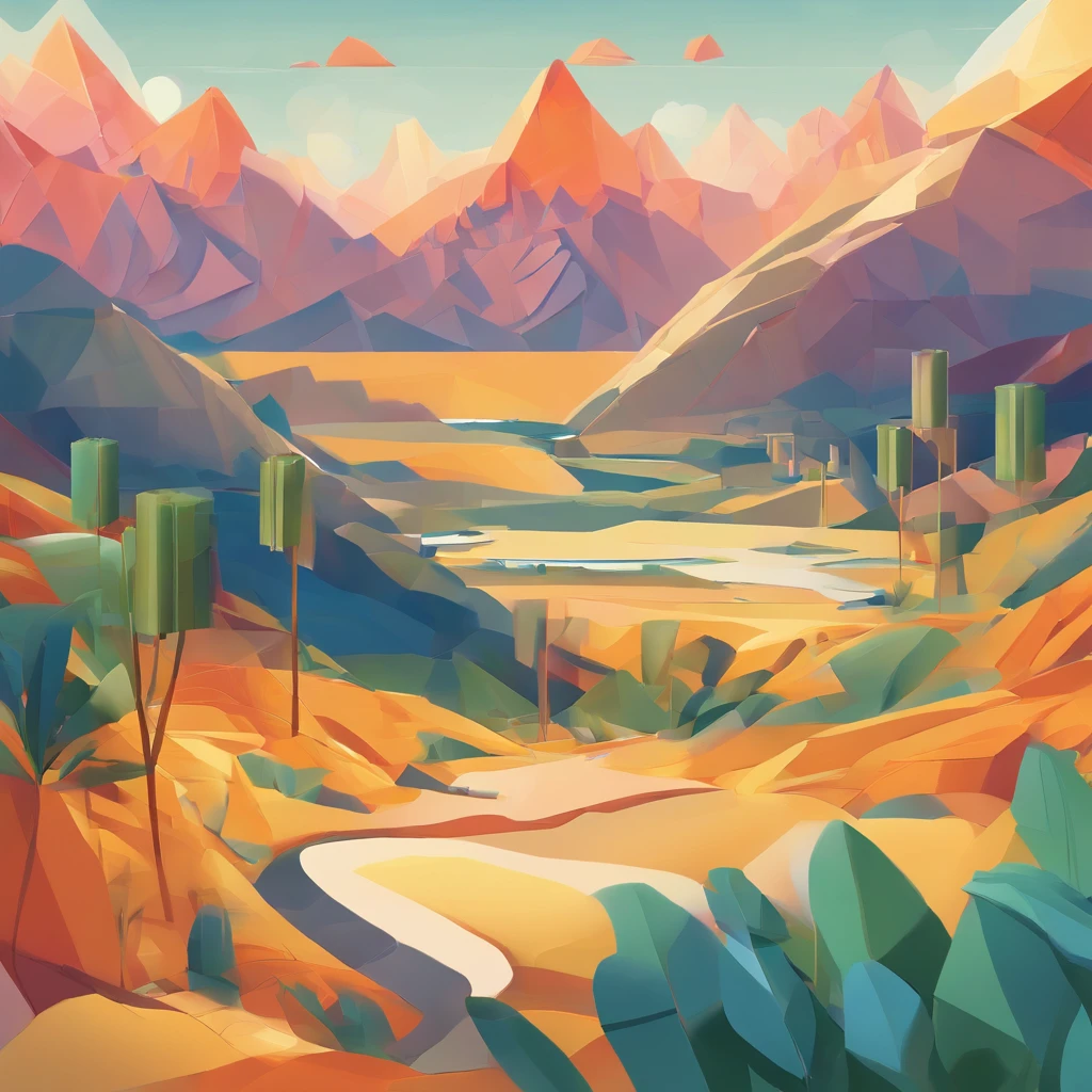 Constructivism, Abstractionism, high quality, high details,Minimalism,Art Deco, Conceptual art,A square canvas,It depicts a landscape painting,Among them, there are heavy mountains,A small stream flows through the valley,The sun is directly above the mountains,Several coconut trees can be seen up close,The whole picture presents a very soft warm color