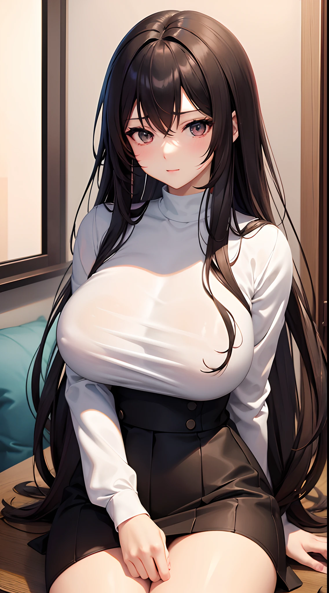 anime girl in a long white t shirt & black skirt, outside, long brown colour hair until waist, brown colour eyes, seductive anime girl, beautiful alluring anime woman, [ 4 k digital art ]!!, breasts covered and sfw, beautiful alluring anime , big breasts!, big breasts!!, with large breasts, sfw huge breasts, with a large breasts, | fine detail anime, smooth anime cg art, sitting pose, slim waist, perfect body figure, office room