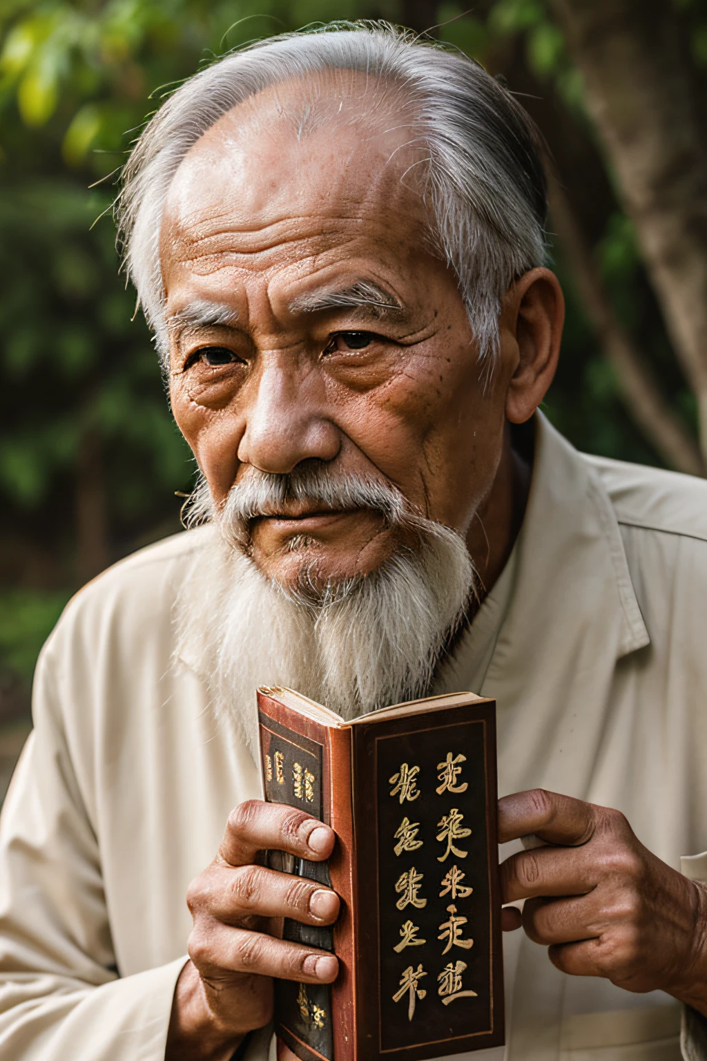 An old man with traditional Chinese thinking,Real frontal photos,Authentic background,The background is nature,Holding a book,worn-out clothing,Face full of wrinkles,80-year-old man,Wise eyes,The beard is white,male people,country style