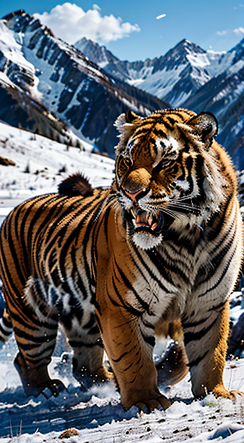 sabertooth tiger,Majestic beasts in stealth,, Awesome figure, Intense and wandering,Sense of oppression,Hairy,Fierce fangs,Remote Alaskan mountain landscape,mountain ranges,snowfield,the woods,Background with cool tones,The feeling of realistic photography,Sense of history