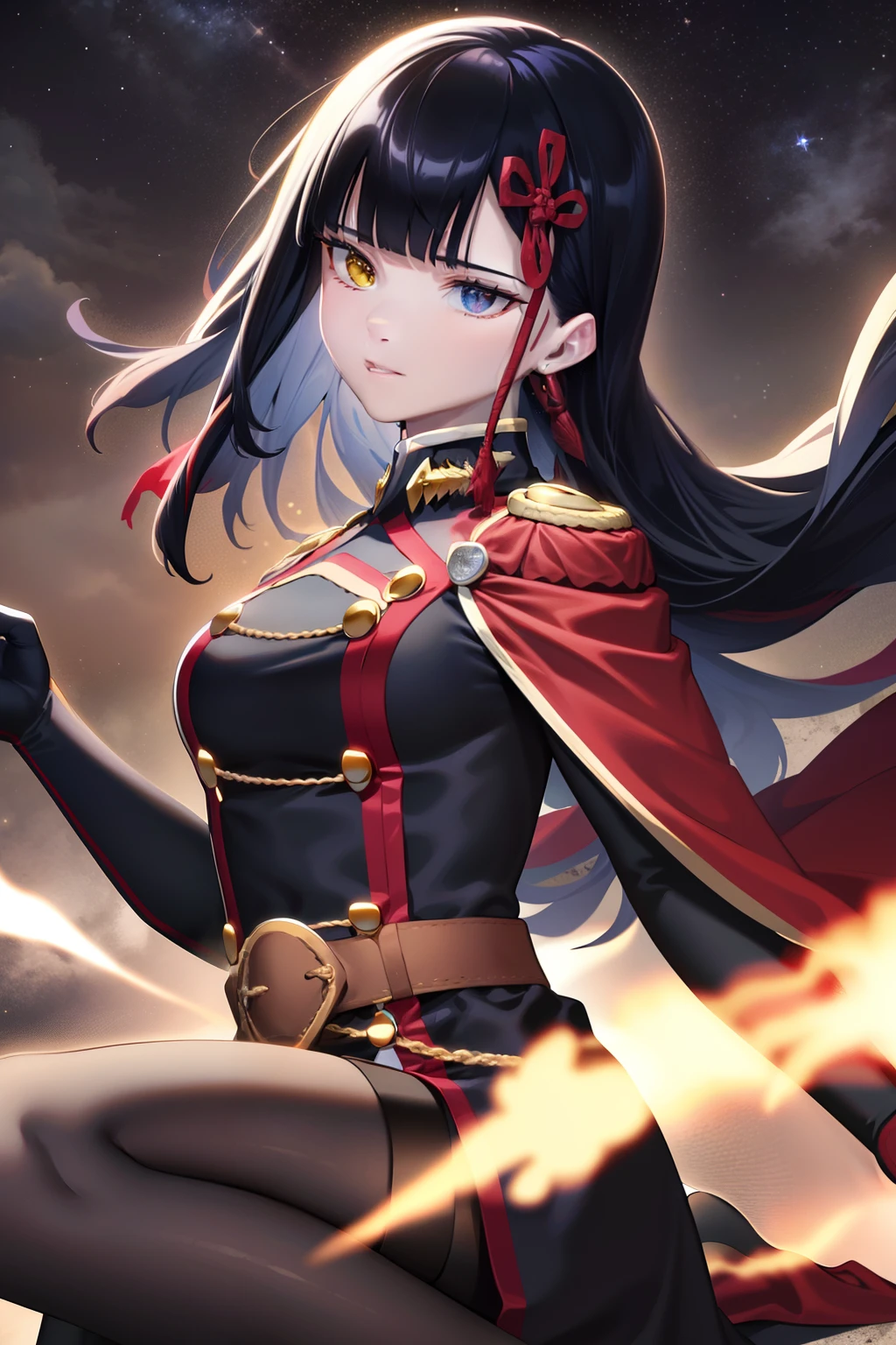 best quality,masterpiece,Master piece,extremely detailed CG unity 8k,cinemic lighting, yamashiro768, gloves, red cape, very long hair, Half body , heterochromia , White and black hair , beautiful eyes , beautiful face , high quality eye detail , high quality face , ultra high quality facial expression , beautiful character detail , ultra high costume detail , emotional face , starry night background