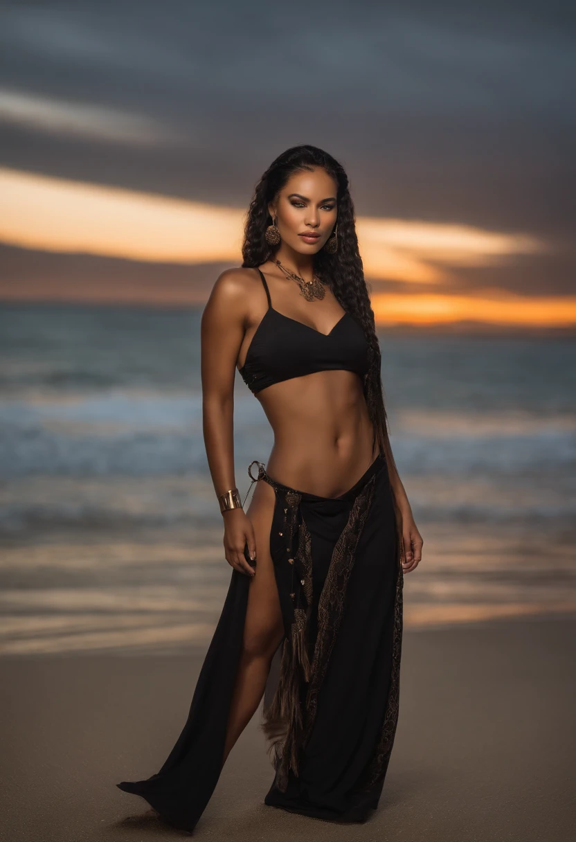 A half ebony, half Irish, half Samoan, and half Filipino woman, a vampire, has a Chicano style about her, has a great physique, soft demeanor, mature, and wields a weapon. Has braids, glasses, and blue eyes. Coffee and cream colored skin. She shows off her curvaceous body, and standing along the beach at night, only being illuminated by a fire in the distance. She has an ethereal beauty about her, and could steal a man's heart with just her looks alone. She wears something tight that clings to her skin, her eyes are sharp and piercing, and her facial structure is immaculate, cannot be replicated.