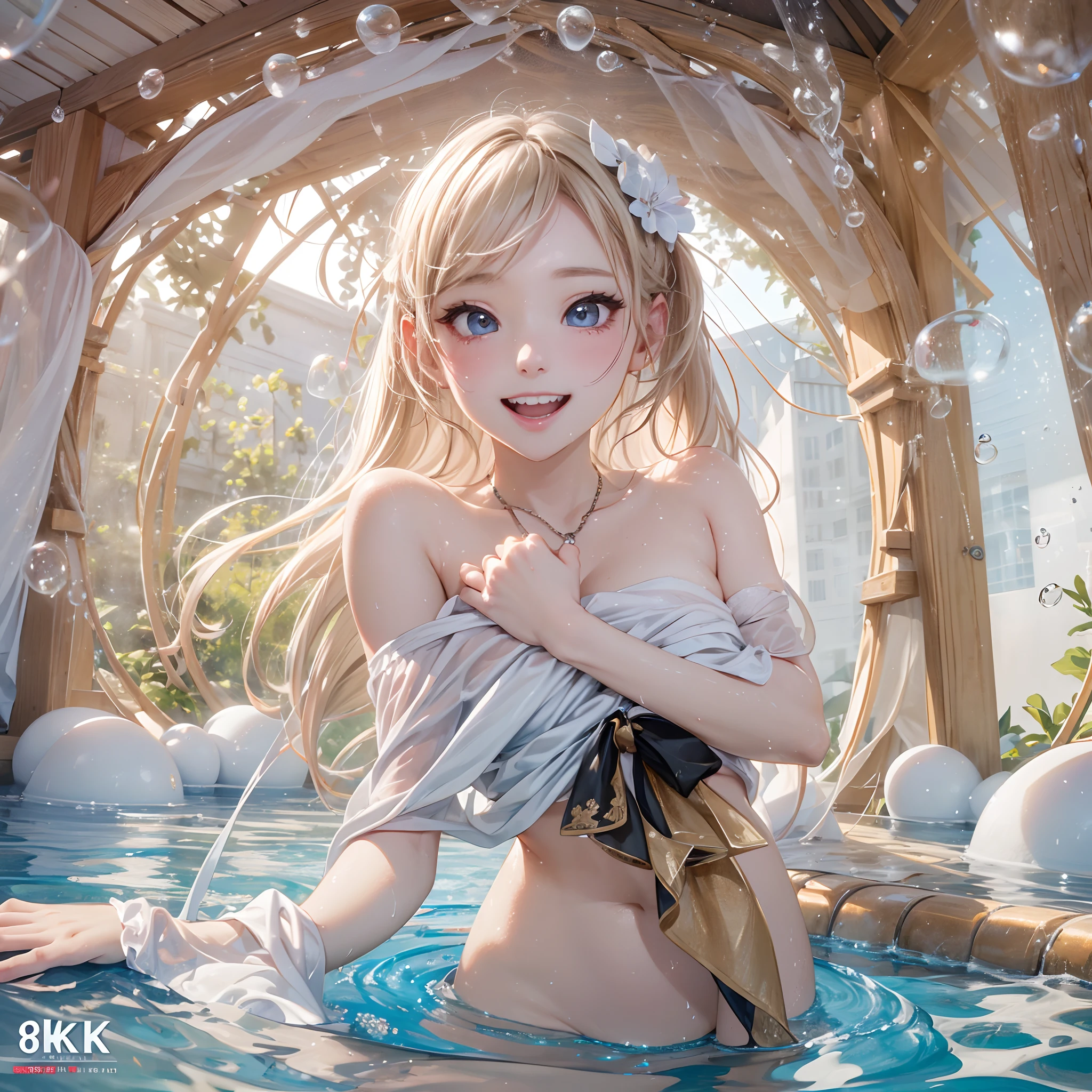 absurderes, ultra-detailliert,bright colour,(in 8K:1.3),masuter piece,extremely beautiful detailed face and eyes、Happy smile、Lots of bubbles、Hide your body with a towel