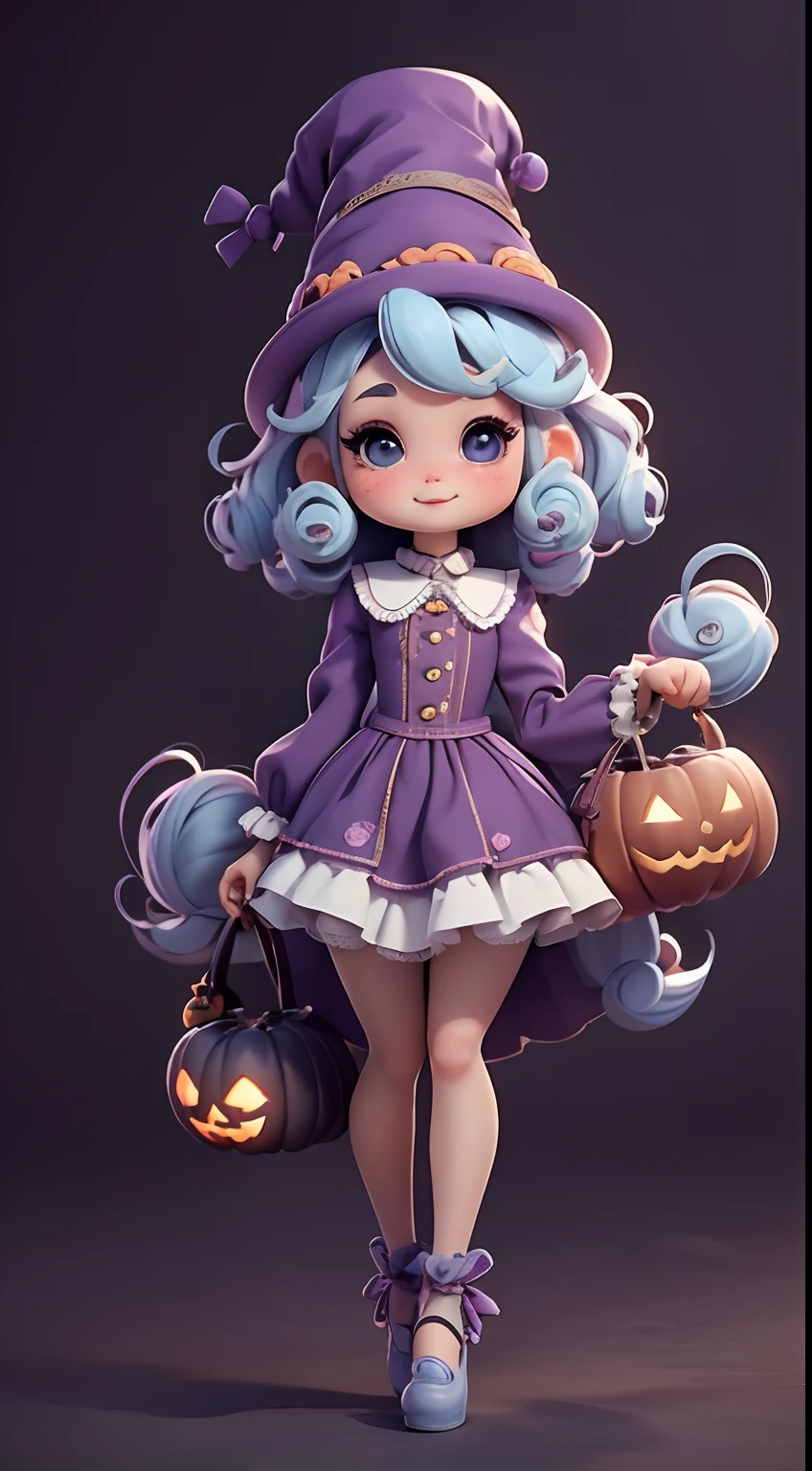 Create cute Chibi Afro Dread style doll costumes with cute Halloween themes.., Each piece has a lot of detail and 8K resolution... All dolls should follow a solid and complete background pattern in the image.., Show (full entire body, Including legs: 1.5)

Small Halloween Dolls: Call her Marina... She must have small purple and pastel blue hair... Your eyes should be large and expressive.., It has long eyelashes and rosy cheeks... A delicate white smile. Marina had to dress in a costume.., Luxury Hat. She should bring Halloween ornaments... Don't forget to add details to your clothes.., Love buttons and bags.., Cute shoes

Don't forget to add shadows.., Texture and detail in hair, clothes, Halloween Appliances, To make them more cute and charming...