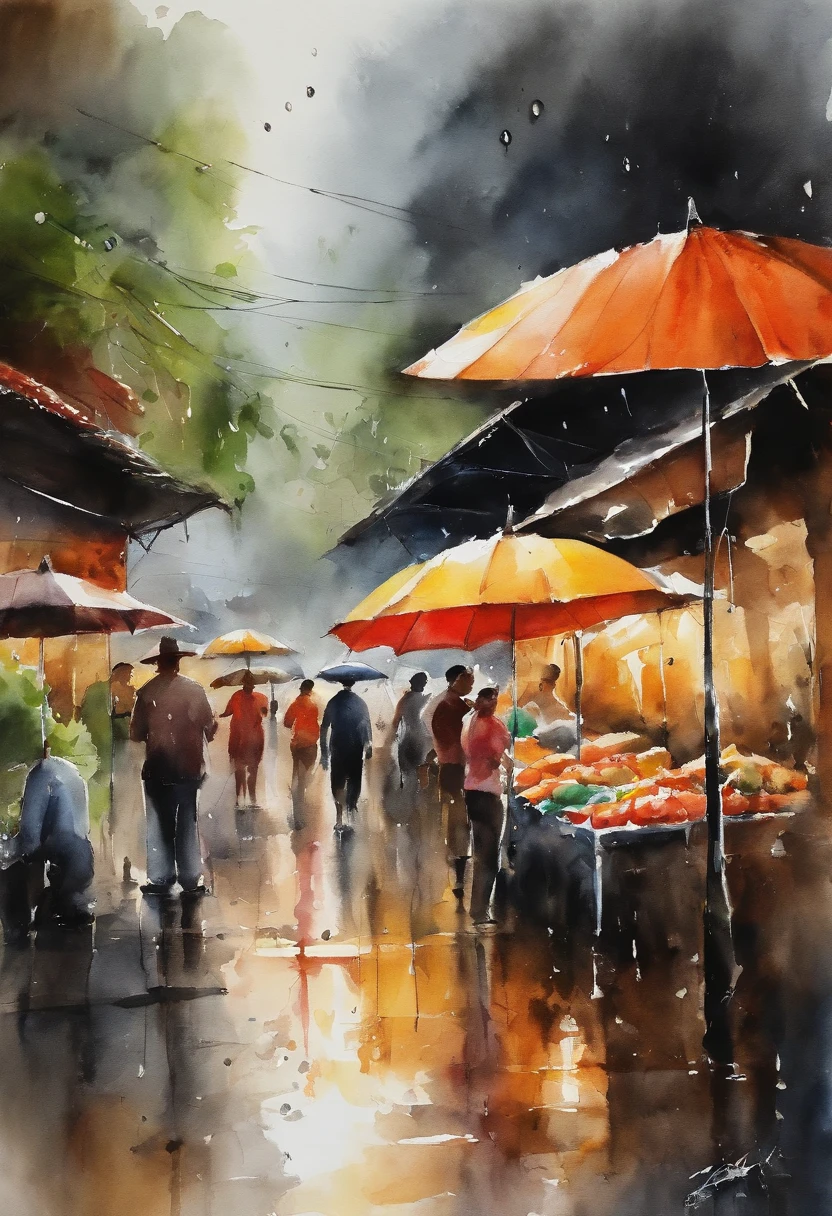 At an outdoor market in Bangkok It was raining heavily. People took shelter from the rain and went into various shops amid the pouring rain. There was also a vendor standing in front of a shop selling umbrellas, raincoats, and sandals.