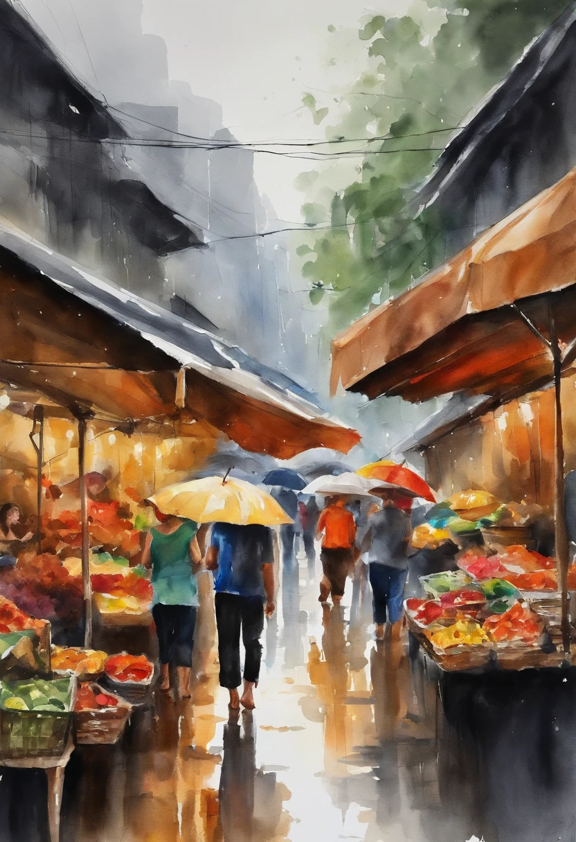 At an outdoor market in Bangkok It was raining heavily. People took shelter from the rain and went into various shops amid the pouring rain. There was also a vendor standing in front of a shop selling umbrellas, raincoats, and sandals.