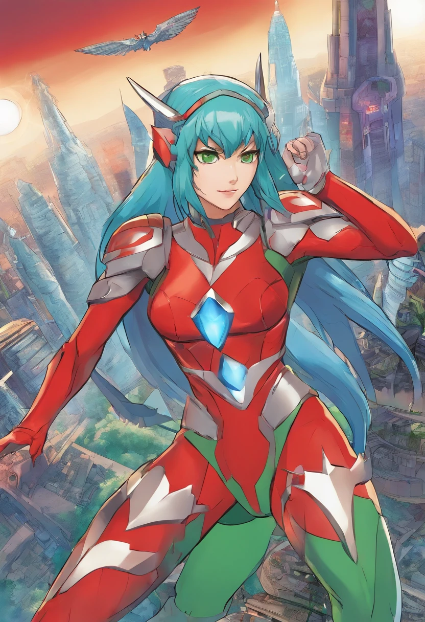 entire body image, standing, Princess Zelda Giant, (Red with silver clothing:1.5), as Ultraman, Overroom 1, Very tight tights, heavy makeup on her face, Light blue gemstone on cuirass, helmet on her head, red lipstick on his mouth, (Her green eyes:1.5, Blue hair:1.5), Look at the audience from the front, She is in a futuristic city,Several monsters attacked the building, Tokusatsu, Ultraman, Anime style, Cinematic lighting, 16k, hyper HD, Masterpiece, Best quality, High details