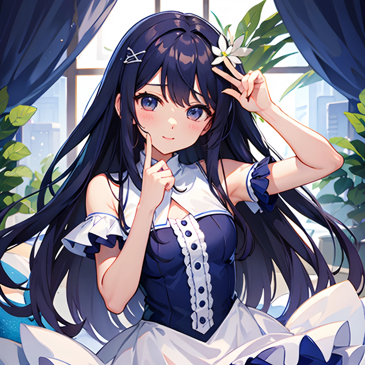 high quality、(8K quality),(((最high quality))), 、White Background、Long Hair、Black Hair、Both sides up、blue eyes、B girl fashion、Ephemeral、Head ornament、((Sexual))