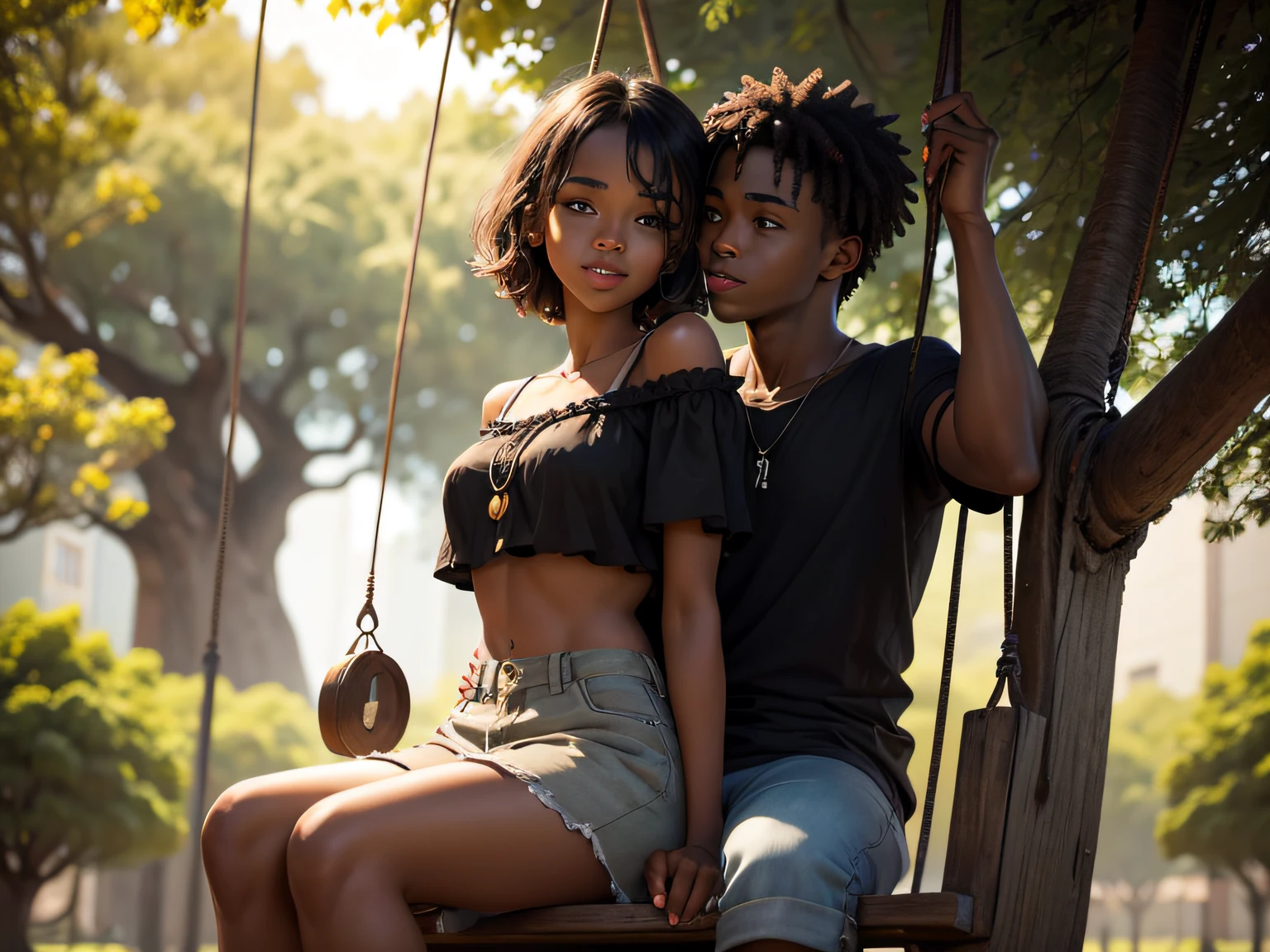 jovens negros, uma mulher, e um homem, com olhos azuis, The woman sitting on the swing, Hanging from the tree, o homem encostado, on the tree, a olhar para, a lua com sorrisos, With a heart of stone, partido ao lado da arvore