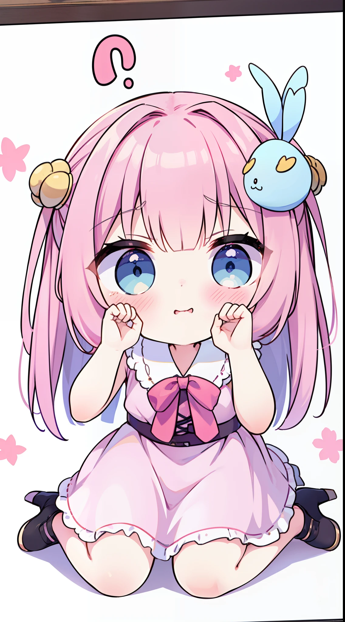 tchibi、Pink military uniform、skirt by the、bow ribbon、Straight face、happening、dropping eyes、winking😉,leaning-forward,Mischievous,put hands on the hip、tmasterpiece、Top image quality、top-quality、Cute Baby Turtle,Kneeling pose,Turning Head,winking😉,Full body photo,Pink high heels