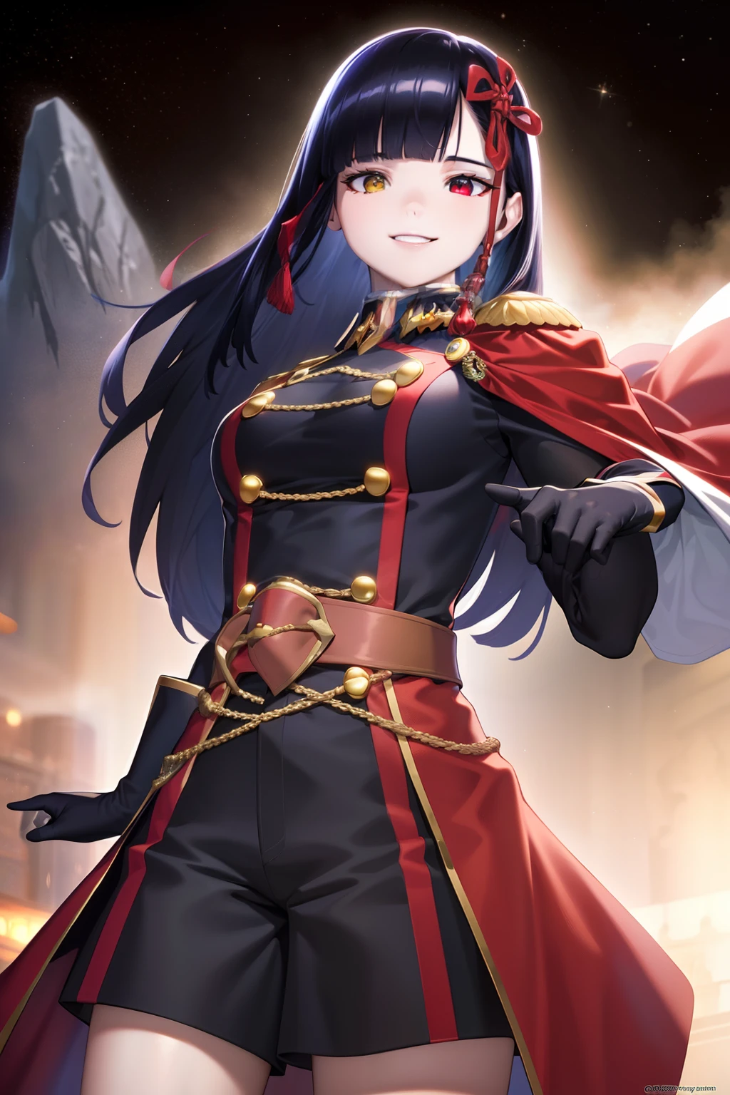 best quality,masterpiece,Master piece,extremely detailed CG unity 8k,cinemic lighting, yamashiro768, gloves, red cape, very long hair, Half body , heterochromia , White and black hair , beautiful eyes , beautiful face , high quality eye detail , high quality face , ultra high quality facial expression , beautiful character detail , ultra high costume detail , emotional face , starry night background , smile , smiling