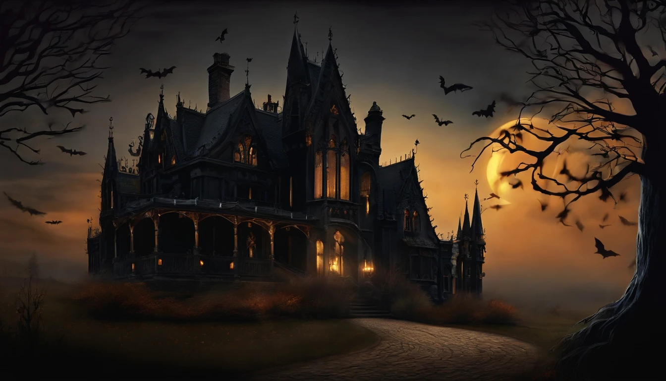 Pintar brujas de Halloween & Ghost Wall Art Design, Dentro de una casa oscura llena de gatos. Dark Gothic style design.