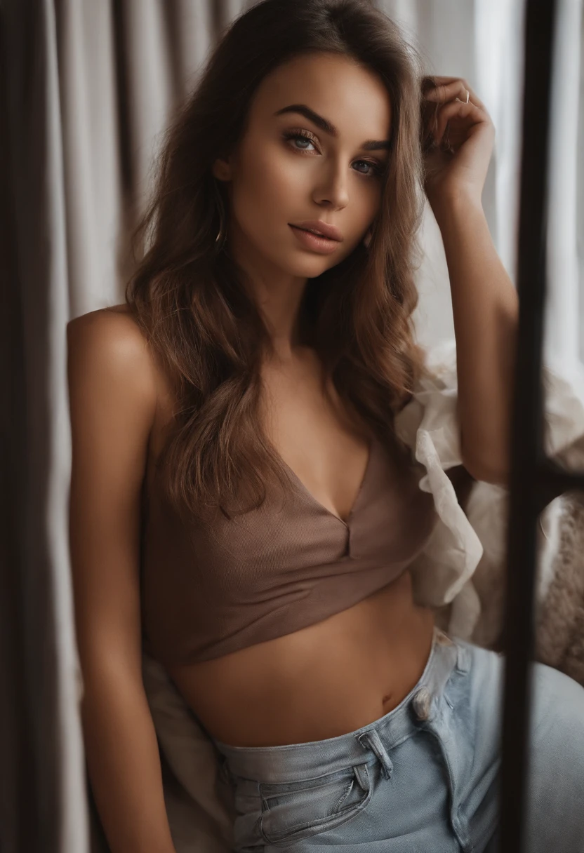 Arafed woman in suitable naked visible breasts naked , keeps hair and panties small, Sexy girl with brown eyes, Portrait of Kaia Gerber , brown hair and large eyes, selfie of a young woman, bedroom eyes, violet myers, no makeup, natural makeup, looking straight at camera, face with artgram, fine makeup, Stunning full-length shot, in bedroom, décolleté, Curvaceous, , big thighs , big breastes , Huge-breasts
