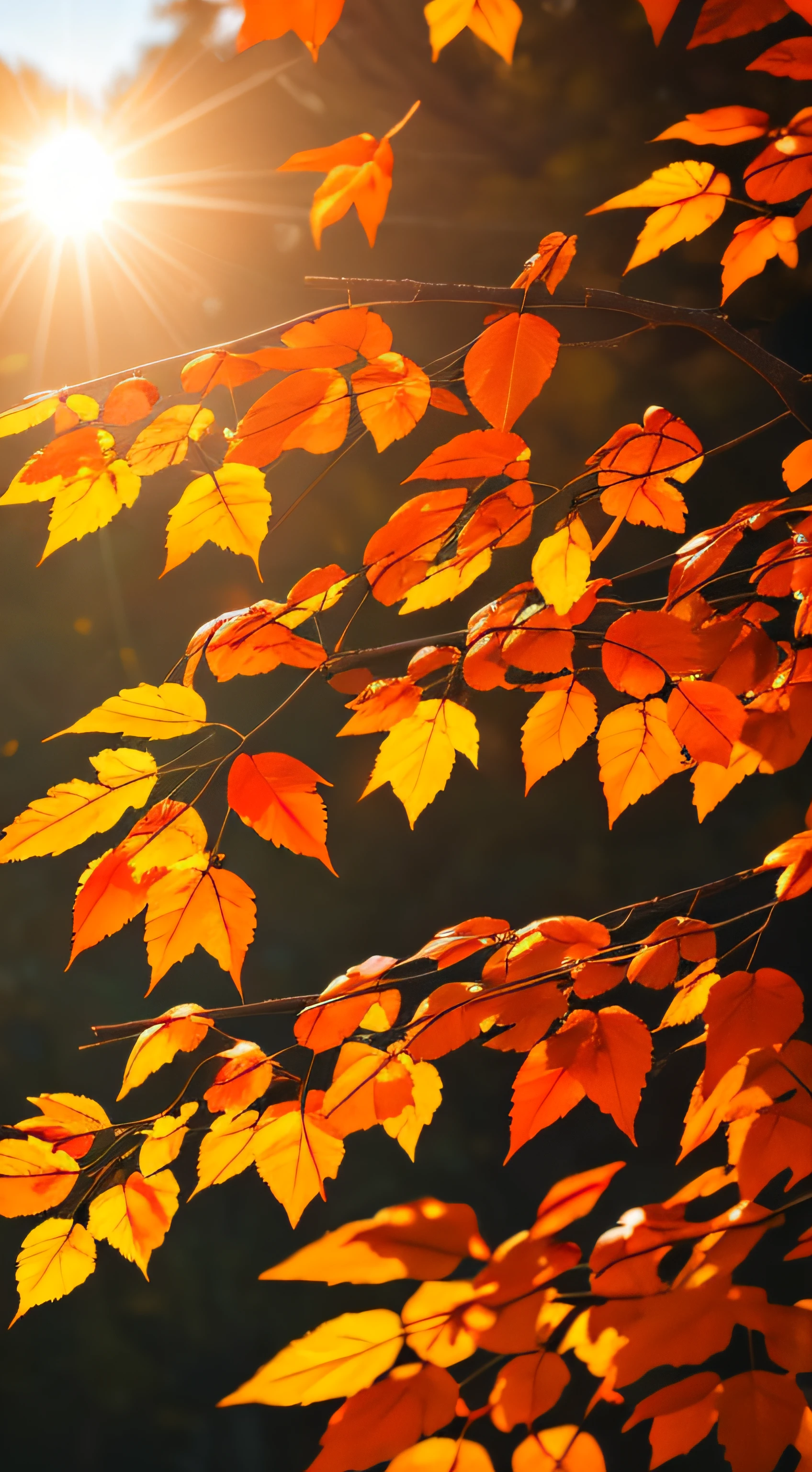 Autumn evening,Branches in the sun,Hang sunlight on the leaves,photorealestic,natural soft light,hyper-detailing,4k