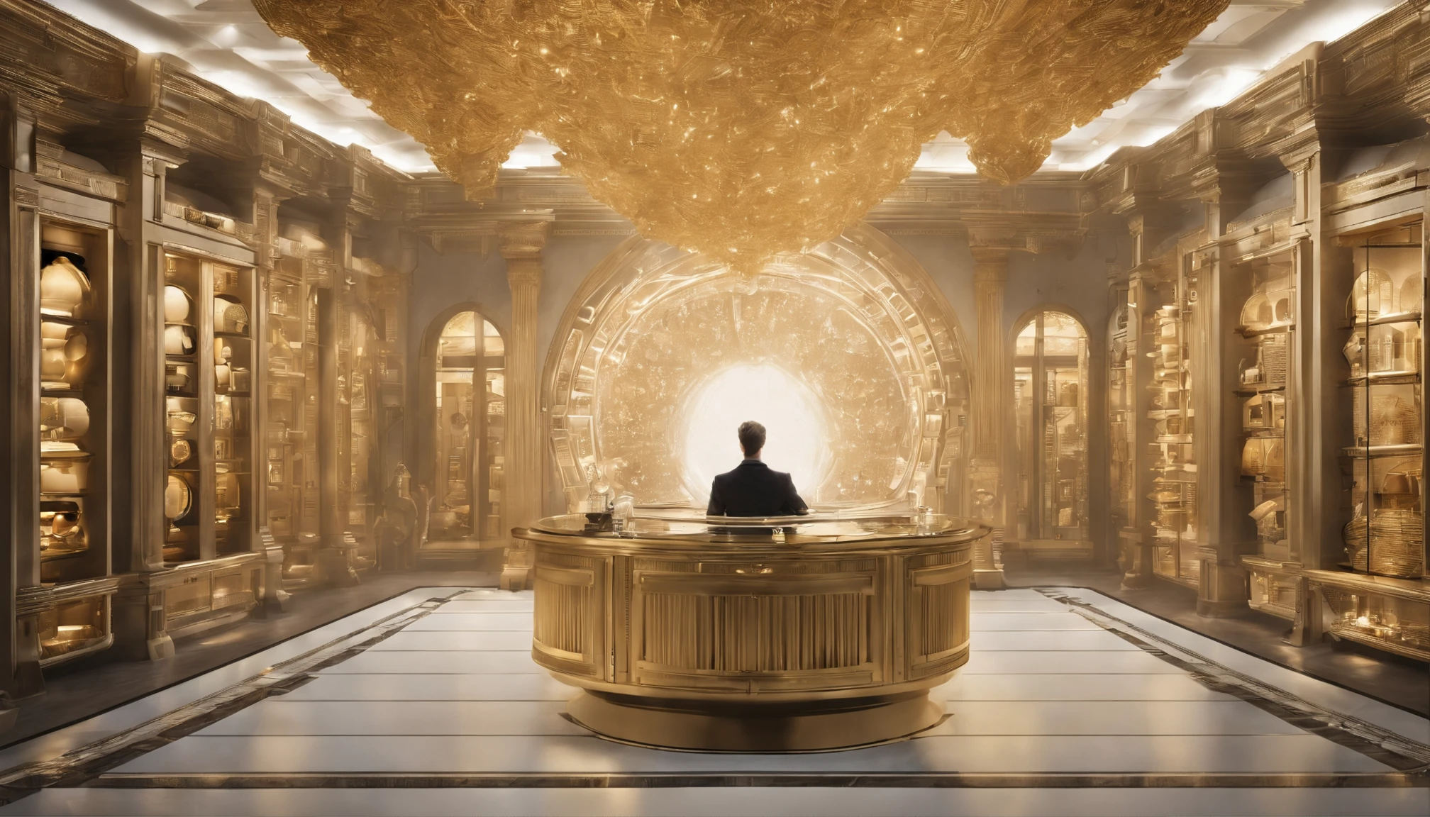 A man in a well-illuminated, expansive laboratory adorned with golden hues conducts a multitude of tests, while intricate apparatuses adorn the background.
