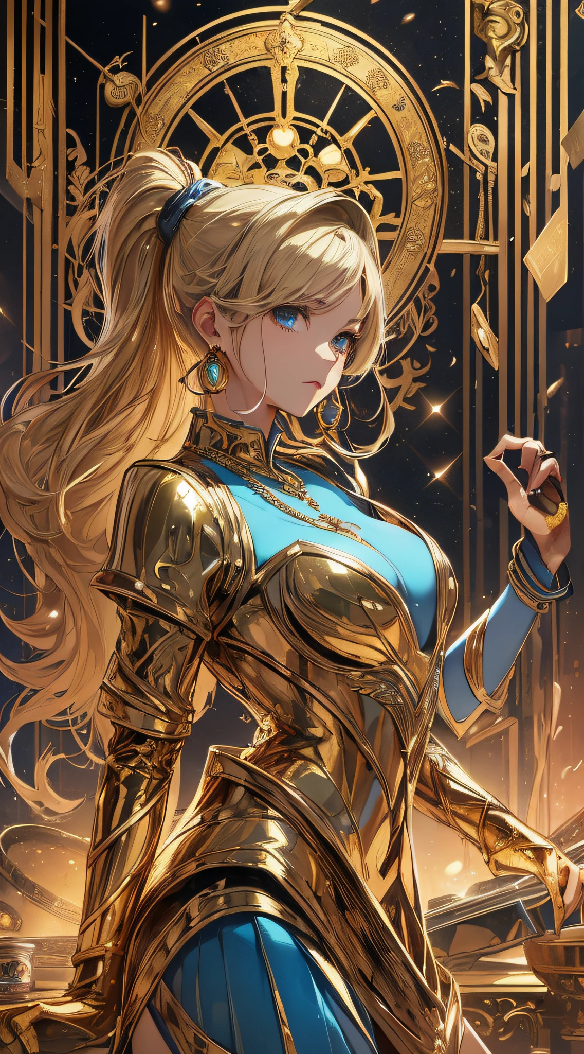 top-quality、Top image quality、masterpiece、girl with((18year old、Best Bust、Medium bust、Bust 85,Beautiful blue eyes、deadpan、Breasts wide open,The wind blows from the side、Reflecting the whole body、Gold Dress、Gold Miniskirt、Gold Earrings、Gold necklace、gold ring、Shining golden ponytail、Gold Shoes、Red Laser Sword))hiquality、Beautiful Art、Background with(kosmos、Gold Room、Gold Table、Gold Chair、Monitors)),masutepiece、Elaborate design、visualart、depth of fields、The best lighting、highestdetailed、low angles