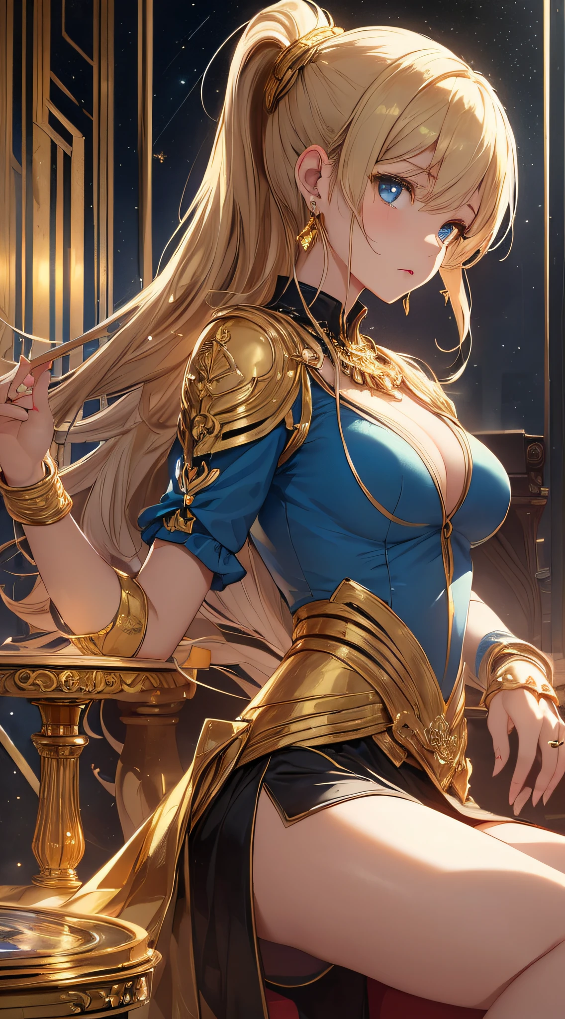 top-quality、Top image quality、​masterpiece、girl with((18year old、Best Bust、Medium bust、Bust 85,Beautiful blue eyes、deadpan、Breasts wide open,The wind blows from the side、Reflecting the whole body、Gold Dress、Gold Miniskirt、Gold Earrings、Gold necklace、gold ring、Shining golden ponytail、Gold Shoes、Red Laser Sword)）hiquality、Beautiful Art、Background with(kosmos、Gold Room、Gold Table、Gold Chair、Monitors)),masutepiece、Elaborate design、visualart、depth of fields、The best lighting、highestdetailed、low angles