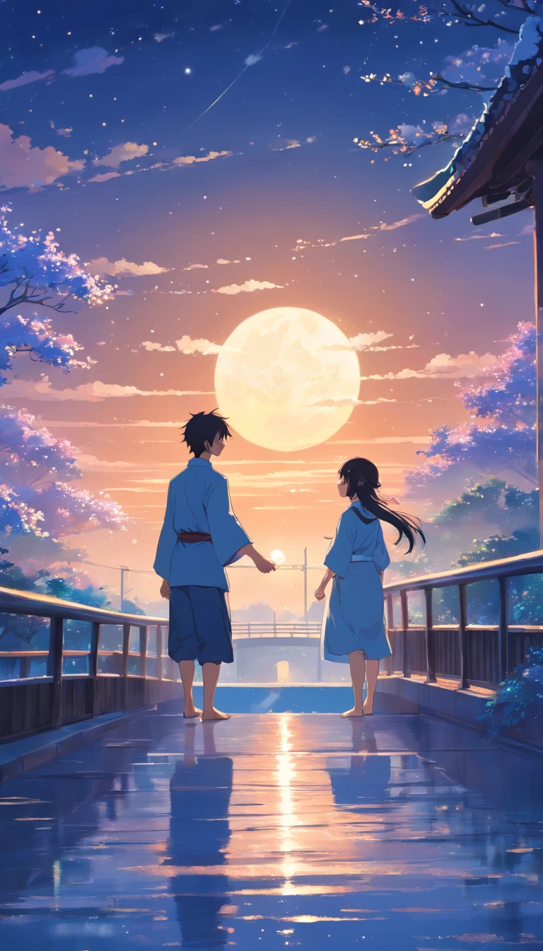 Moonlit alafis with bridge and couple, Photography inspired by Zhu Dejun, trending on pixabay, romanticism lain, Hand in hand in the moonlight, moonlight snowing, Illustration!, moonlight snowing, Boys girls traditional romance, Xianxia Fantasy, chinese fantasy, beautiful moonlight night, background-image, Chinese style, moonlit night dreamy atmosphere