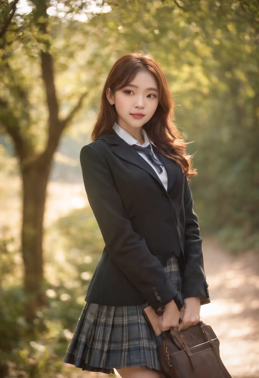 Best quality,masterpiece,ultra high res,raw photo,detail face,detailed skin,(realistic, photo-realistic:1.3),dramatic lighting,light on face,1girl,solo,cowboy shot,standing,Copper Hair,Forest,outdoors,looking at viewer,smile,long hair,bangs,ature female,milf,narrow waist,skinny,open clothes,black pantyhose,black jacket,school uniform,long sleeves,sleeves past wrists,collared shirt,pleated skirt,black skirt,miniskirt,plaid skirt,bag,shoes,black footwear,blazer,cardigan,plaid,school bag,necktie,high school,street,tree,lens flare,wind,
filmg,mix4,
