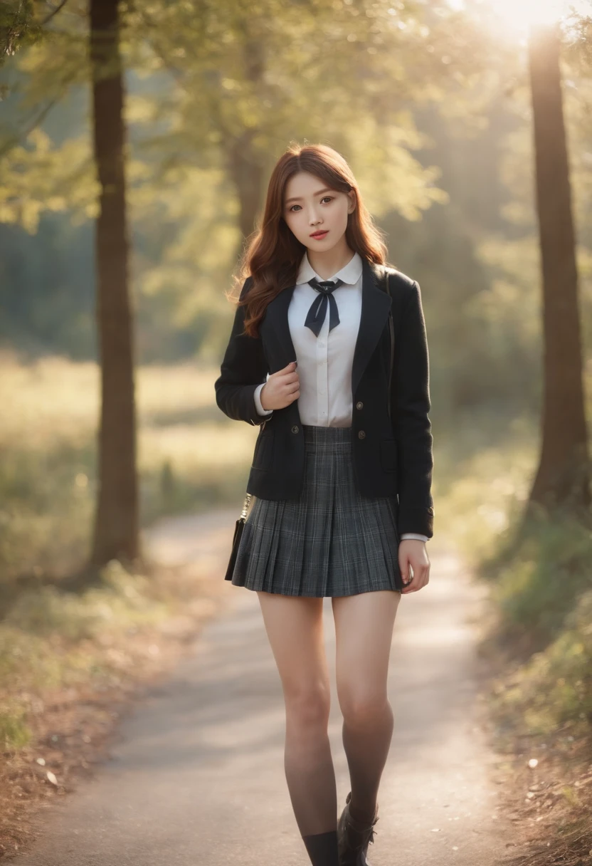 Best quality,masterpiece,ultra high res,raw photo,detail face,detailed skin,(realistic, photo-realistic:1.3),dramatic lighting,light on face,1girl,solo,cowboy shot,standing,Copper Hair,Forest,outdoors,looking at viewer,smile,long hair,bangs,ature female,milf,narrow waist,skinny,open clothes,black pantyhose,black jacket,school uniform,long sleeves,sleeves past wrists,collared shirt,pleated skirt,black skirt,miniskirt,plaid skirt,bag,shoes,black footwear,blazer,cardigan,plaid,school bag,necktie,high school,street,tree,lens flare,wind,
filmg,mix4,