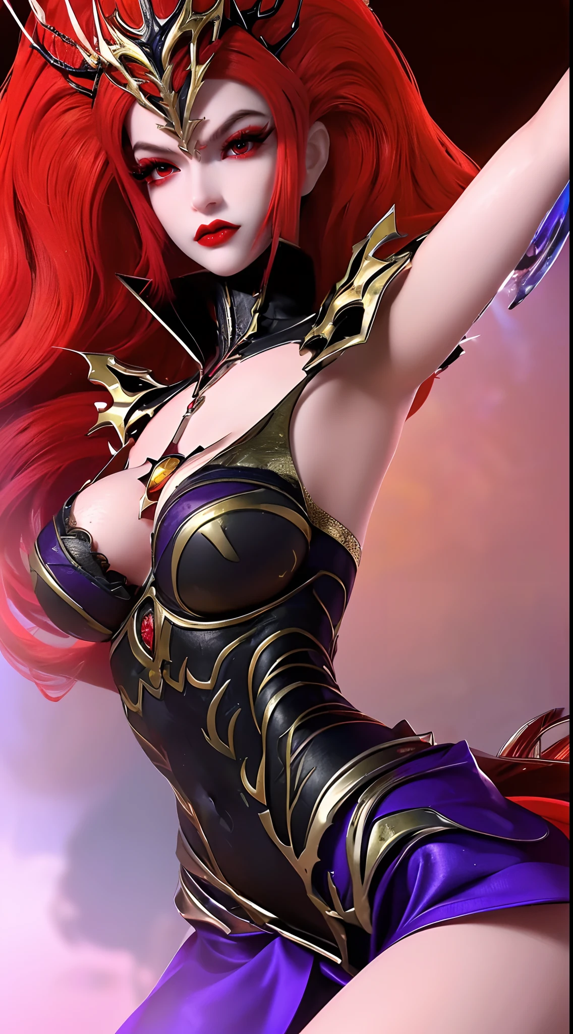 1 beautiful and sexy 20 year old girl, ((wearing traditional Hanfu armor with main colors purple and red:1)), not wearing pants, sexy hanfu style, ((long red hair:1.7)), jewelry elaborately made from precious stones and beautiful hair, ((wearing a 24k gold lace necklace:1.4)), the noble, noble style of an extremely beautiful girl, her small face is super cute, her face is very pretty, thin eyebrows, flawless beautiful face, ((black eye pupils: 0.8)), very beautiful eyes, ((light red eyes: 1)), (((big round eyes:1.6))), nice makeup and hair detailed eyelashes, steamy eye makeup, high nose, earrings, red lips, ((closed mouth: 1.5)) beautiful lips, slim hands, most beautiful thighs, ((arms spread out to the sides: 1.5)), rosy face, clean face, flawless beautiful face, smooth white skin, (big breasts: 1.5)), tight breasts, beautiful cleavage, (((big breasts and super round: 1.8))), beautiful breasts, perfect body, ((put girl's arms behind her back:1.6)), chest out, sit down on the bed, ((Open your legs:1.5)), not ashamed, 8k photo, super high quality, super realistic, super 10x pixels, optical, bright studio, bright edges, dual-tone lighting, (high-detail skin:1.2), super 8k, soft lighting, high quality, volumetric lighting, photorealistic, photorealistic high resolution, lighting, best photo, 4k, 8k quality, smooth sharp, 10x pixel, ((royal villa background:1.5)), aurora, lightning, super graphics realistic, most realistic graphics, 1 girl, alone, solo, Extremely sharp image, surreal, ((portrait:1.5))."