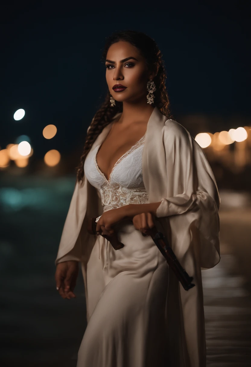 A half ebony, and half Mexican woman, a vampire, has a Chicano style about her, has a great physique, soft demeanor, mature, and wields a weapon. Has braids, glasses, and blue eyes. Coffee and cream colored skin. She shows off her curvaceous body, and standing along the beach at night, only being illuminated by a fire in the distance. She has an ethereal beauty about her, and could steal a man's heart with just her looks alone. She wears something tight that clings to her skin, her eyes are sharp and piercing, and her facial structure is immaculate, cannot be replicated.