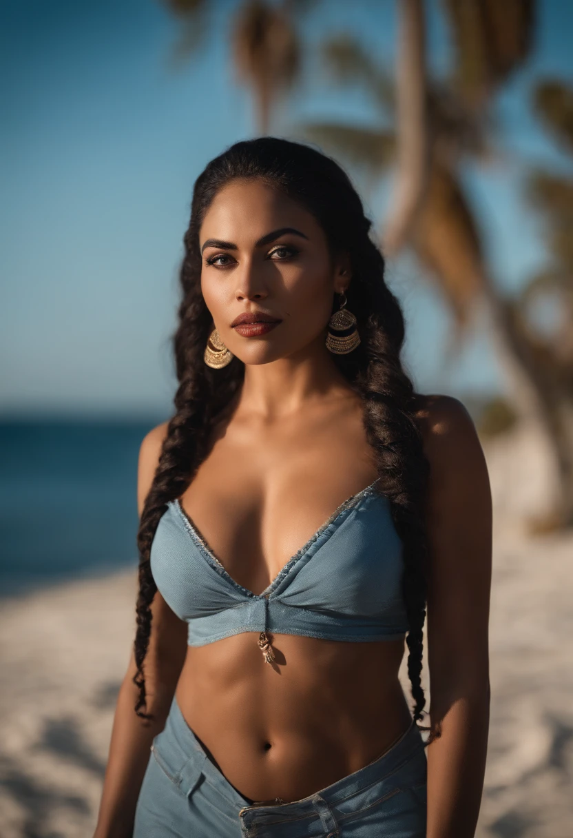 A half ebony, and half Mexican woman, a vampire, has a Chicano style about her, has a great physique, soft demeanor, mature, and wields a weapon. Has braids, glasses, and blue eyes. Coffee and cream colored skin. She shows off her curvaceous body, and standing along the beach at night, only being illuminated by a fire in the distance. She has an ethereal beauty about her, and could steal a man's heart with just her looks alone. She wears something tight that clings to her skin, her eyes are sharp and piercing, and her facial structure is immaculate, cannot be replicated.