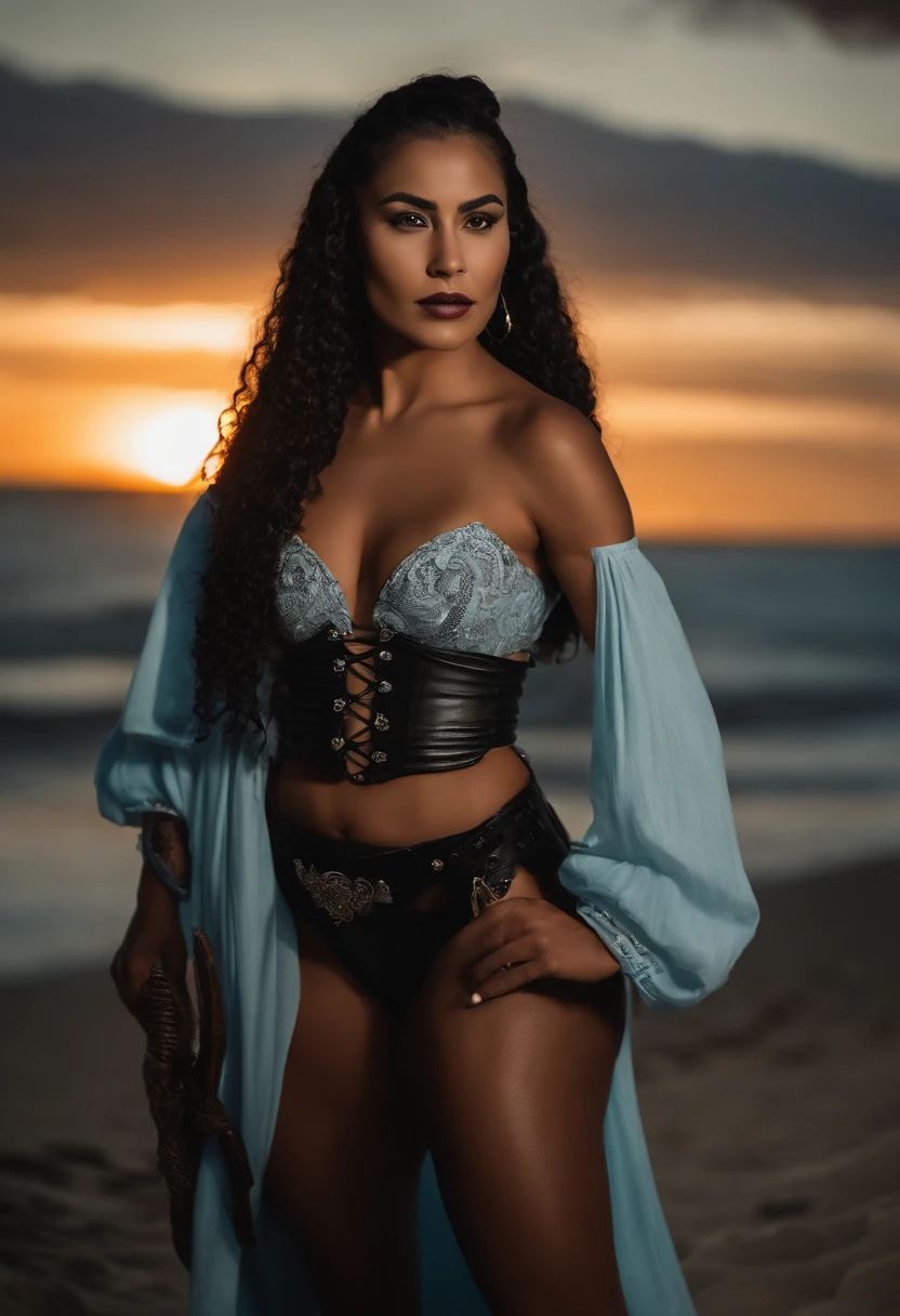 A half ebony, and half Mexican woman, a vampire, has a Chicano style about her, has a great physique, soft demeanor, mature, and wields a weapon. Has braids, glasses, and blue eyes. Coffee and cream colored skin. She shows off her curvaceous body, and standing along the beach at night, only being illuminated by a fire in the distance. She has an ethereal beauty about her, and could steal a man's heart with just her looks alone. She wears something tight that clings to her skin, her eyes are sharp and piercing, and her facial structure is immaculate, cannot be replicated.