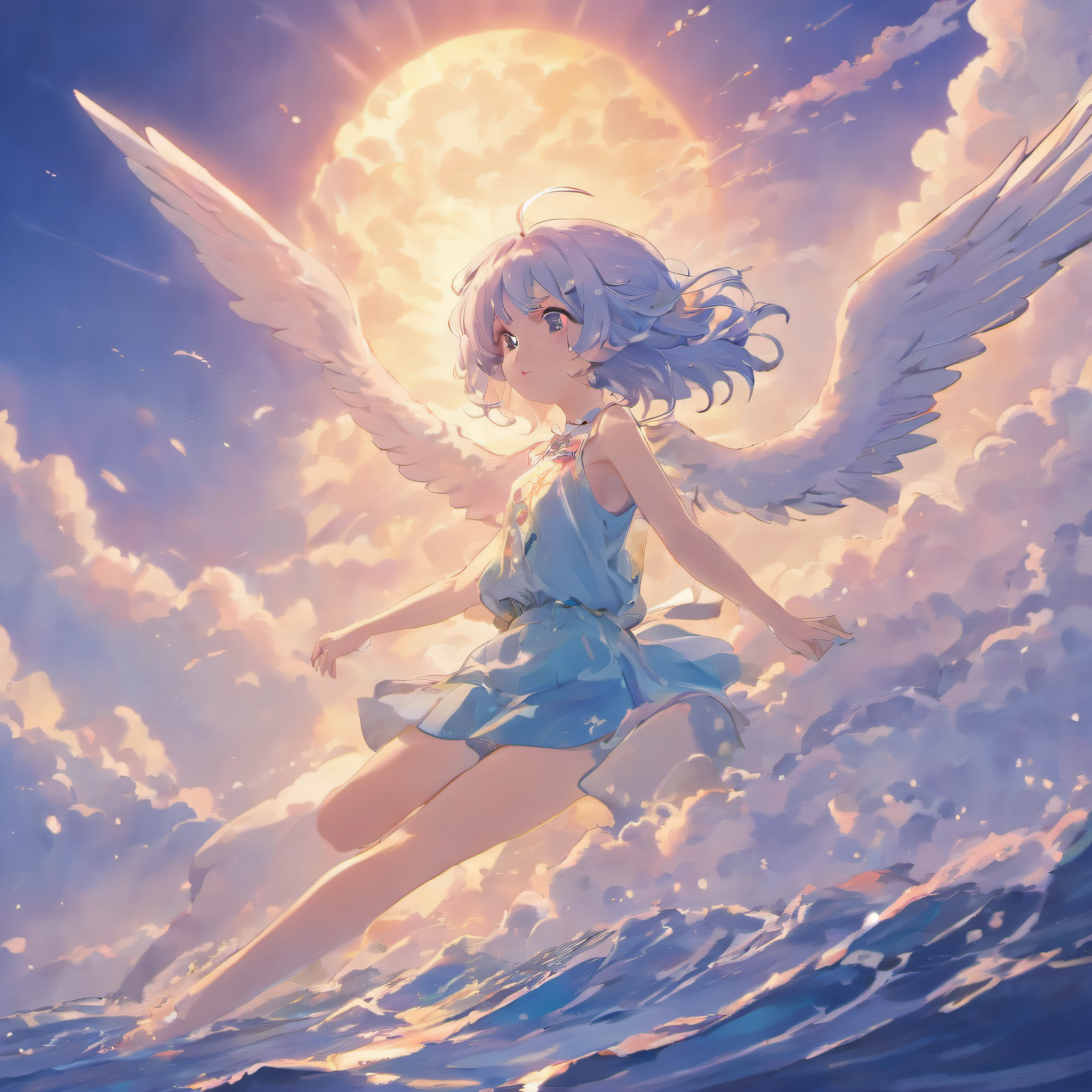 An angel looks down in the clouds,A giant dolphin jumps out of the sea,Rush in the direction of the angel,Beautiful sea below,Enchanting sky,There are seagulls and a little starlight,Blue-violet tones,romantic atmoshere