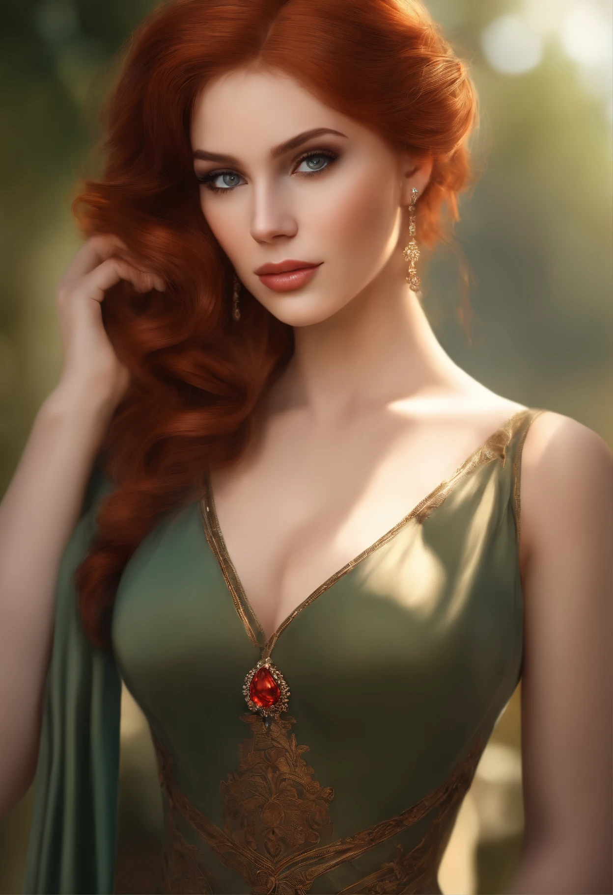 Best Quality, Masterpiece, (Realistic: 1.2), 1 girl, slim girl, red hair, brown eyes, front, detailed face, beautiful eyes, brown eyes, big eyes,big breasts, cleavage, long dress