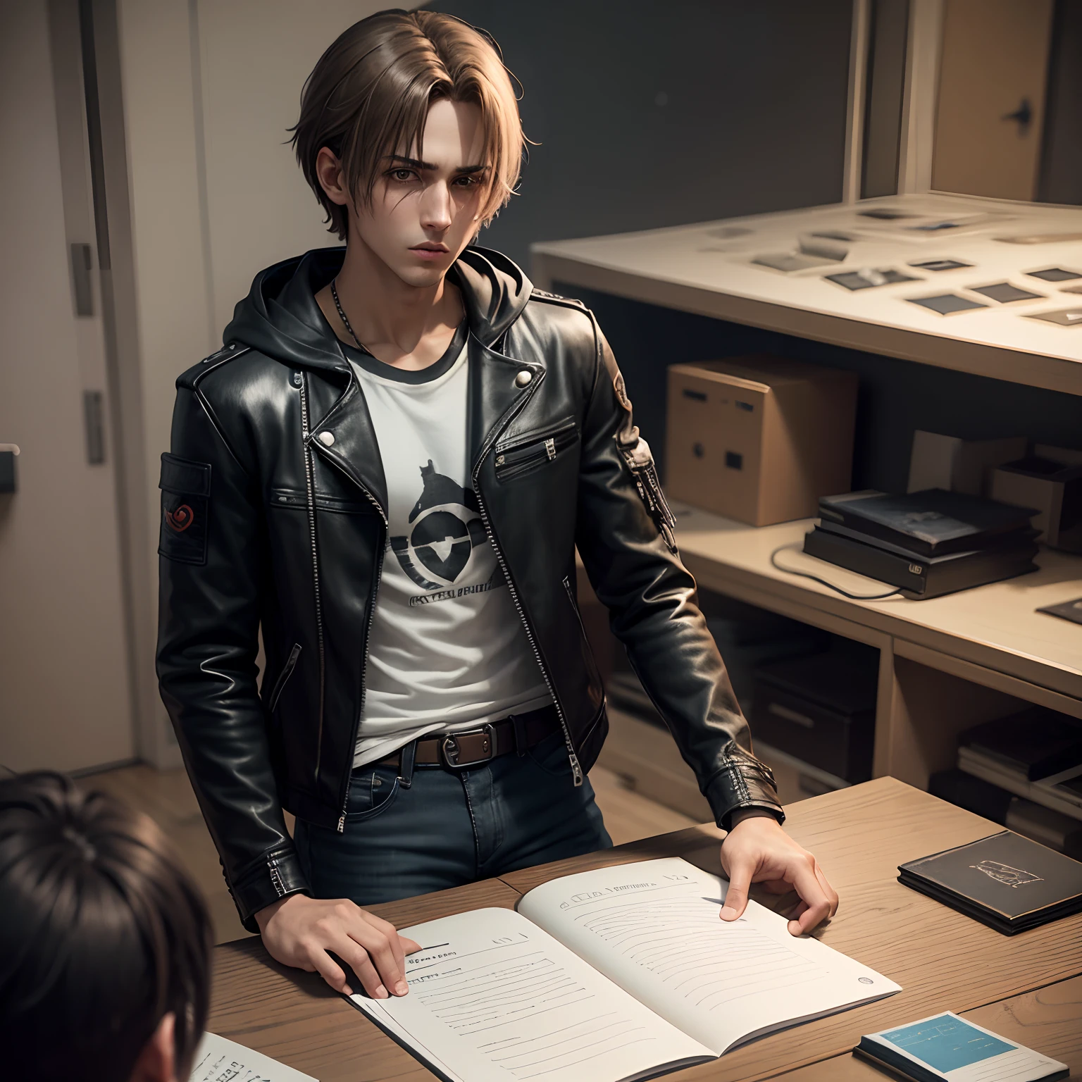 Alon boy look like leon kennedy, outfits gray hood black leather jacket white t shirt black jean,heart broken,writing on notebook mic on table in Room gaming room