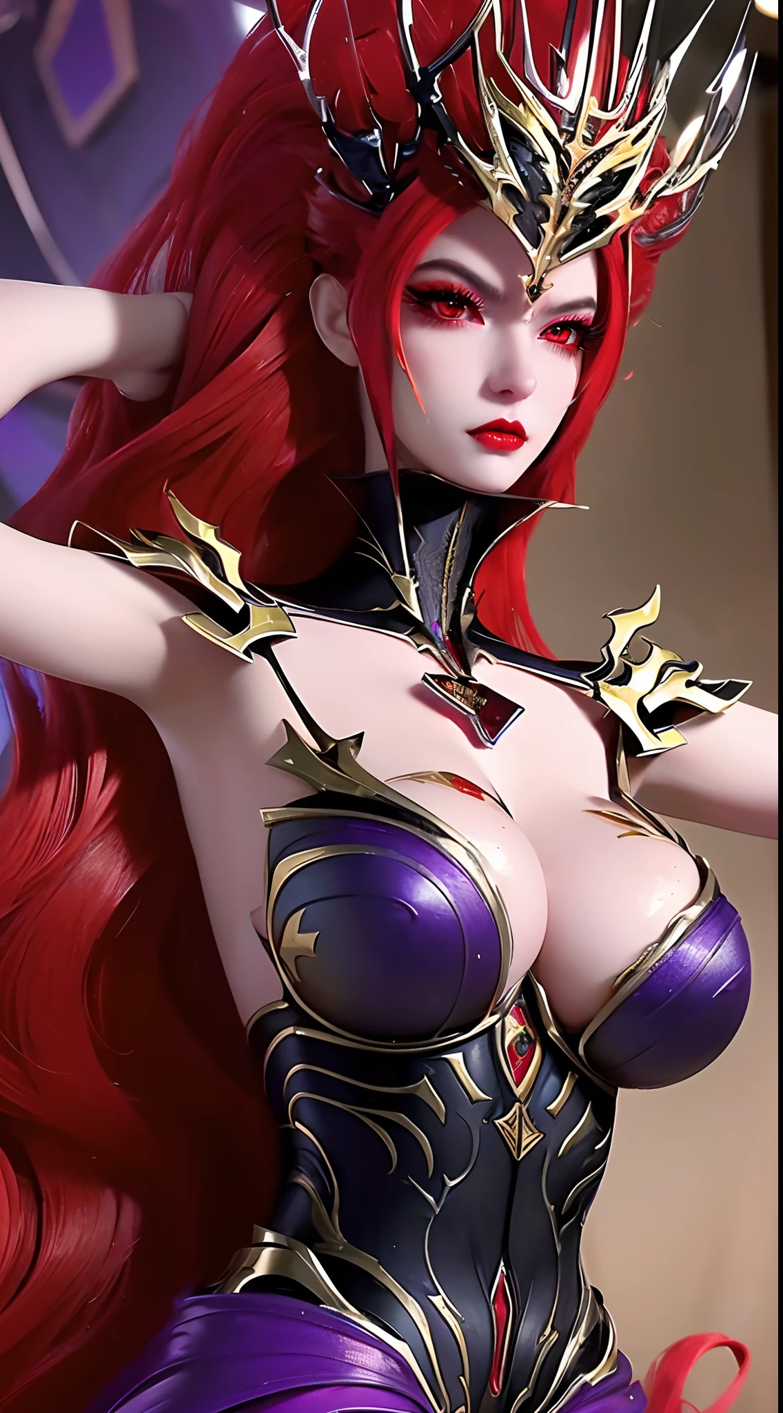 1 beautiful and sexy 20 year old girl, ((wearing traditional Hanfu armor with main colors purple and red:1)), not wearing pants, sexy hanfu style, ((long red hair:1.7)), jewelry elaborately made from precious stones and beautiful hair, ((wearing a 24k gold lace necklace:1.4)), the noble, noble style of an extremely beautiful girl, her small face is super cute, her face is very pretty, thin eyebrows, flawless beautiful face, ((black eye pupils: 0.8)), very beautiful eyes, ((light red eyes: 1)), (((big round eyes:1.6))), nice makeup and hair detailed eyelashes, steamy eye makeup, high nose, earrings, red lips, ((closed mouth: 1.5)) beautiful lips, slim hands, most beautiful thighs, ((arms spread out to the sides: 1.5)), rosy face, clean face, flawless beautiful face, smooth white skin, (big breasts: 1.5)), tight breasts, beautiful cleavage, (((big breasts and super round: 1.8))), beautiful breasts, perfect body, ((put girl's arms behind her back:1.6)), chest out, sit down on the bed, ((Open your legs:1.5)), not ashamed, 8k photo, super high quality, super realistic, super 10x pixels, optical, bright studio, bright edges, dual-tone lighting, (high-detail skin:1.2), super 8k, soft lighting, high quality, volumetric lighting, photorealistic, photorealistic high resolution, lighting, best photo, 4k, 8k quality, smooth sharp, 10x pixel, ((royal villa background:1.5)), aurora, lightning, super graphics realistic, most realistic graphics, 1 girl, alone, solo, Extremely sharp image, surreal, ((portrait:1.5))."