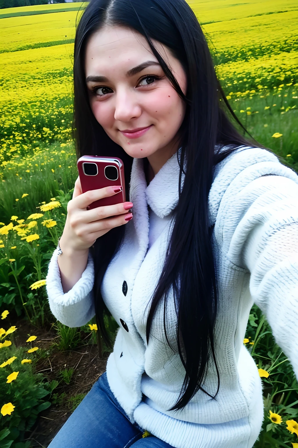 a Russian girl with long black hair in the middle of a meadow of flowers selfie