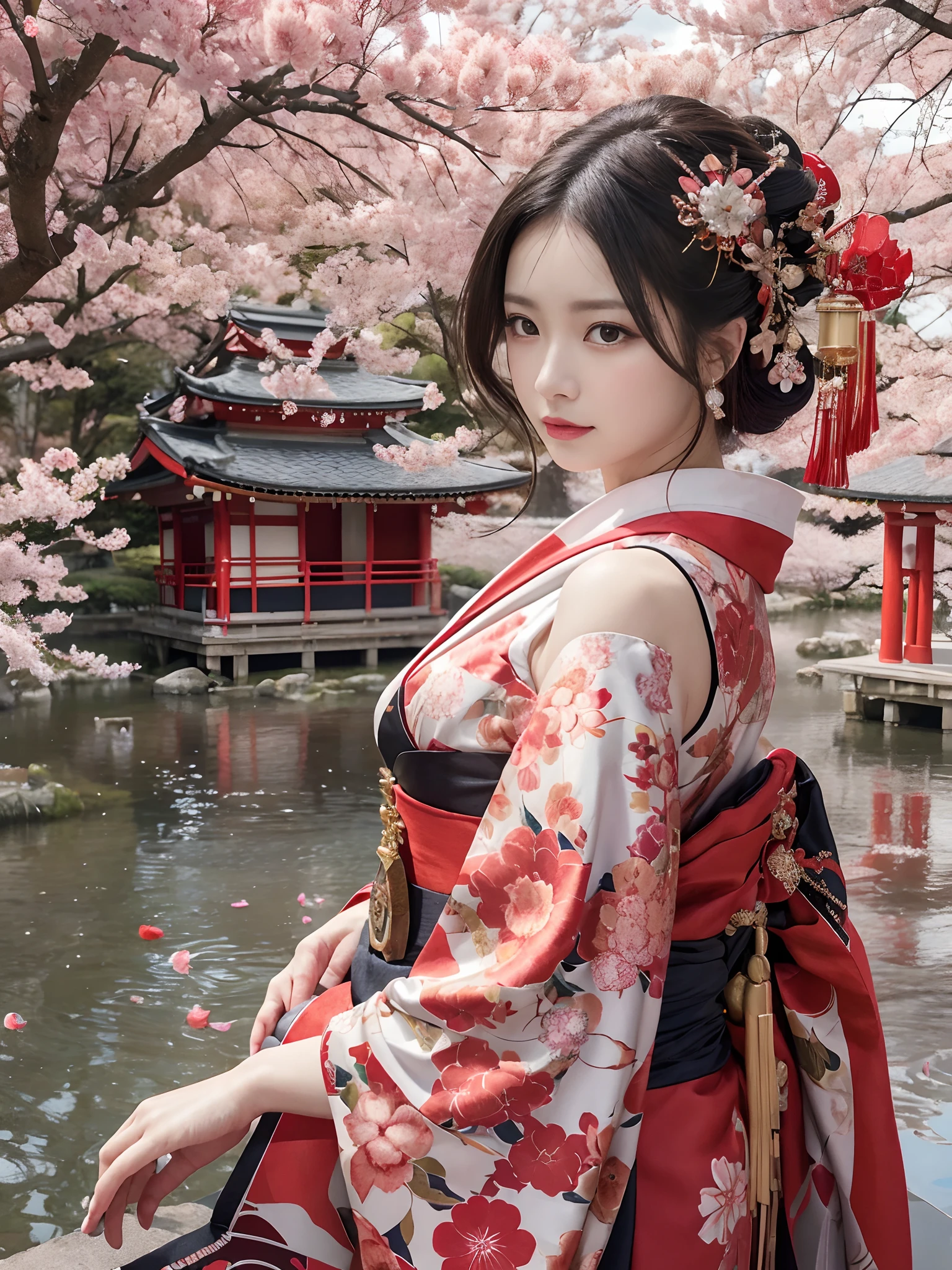 Diffuse lighting、 Highest quality, High resolution, unity 8k wallpaper、Supersaturation, colorfulに, 8k解像度, 1 female、Japanese、23 years old、Close-up portrait、Wearing a red dress，真night中、The area is pitch dark、night、full moon、moonlight、Fantasy、mysterious、Standing in front of the red torii gate、Woman with a Fan, onmyoji, onmyoji detailed art, onmyoji portrait,  4K, 8k,  Vibrant, Splash Art , Onmyoji、Spirit medium、colorful, educate, onmyoji, kimono,  alone, Holding, cherry blossoms, kimono, flower,Red Bikini、Bikini with red string、female, hair ornaments,  In-person audience, hair flower,  Wide sleeves, flowerびら,  Long sleeve, smile,  architecture, lanthanum, White skin, east asian architecture, Hair above the eyes, Open your mouth, Outdoor, Upper body close-up、