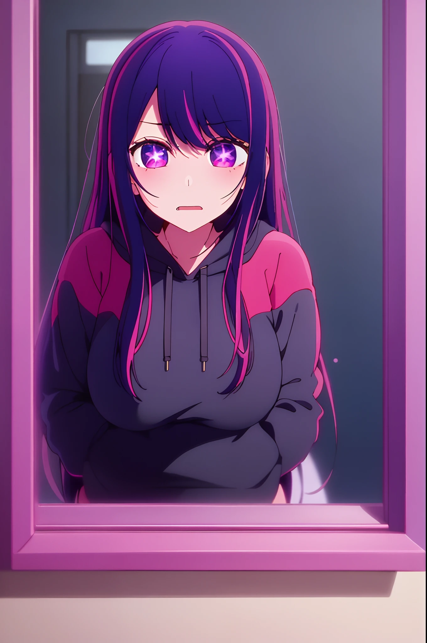 Yukino, best quality, purple color hair, purple eyes, in a black hoodie, cute girl, her expression is solemn, sexy face, she has a cute expressive face, hard breast