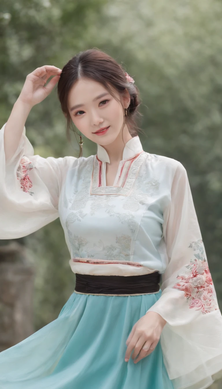 best quality, 1girl,(white/blue/red/black/green/pink/yellow chinese shirt),(white/blue/red/black/green/pink/yellow chinese long skirt), long hair, black hair, upper body, cowboy shot, looking at viewer,standing, dancing, (smile:0.5),outdoors, chinese style countryard,