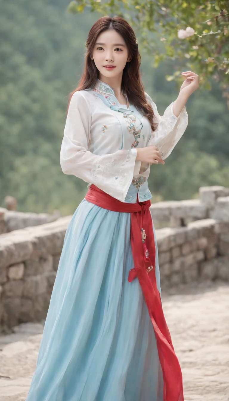 best quality, 1girl,(white/blue/red/black/green/pink/yellow chinese shirt),(white/blue/red/black/green/pink/yellow chinese long skirt), long hair, black hair, upper body, cowboy shot, looking at viewer,standing, dancing, (smile:0.5),outdoors, chinese style countryard,