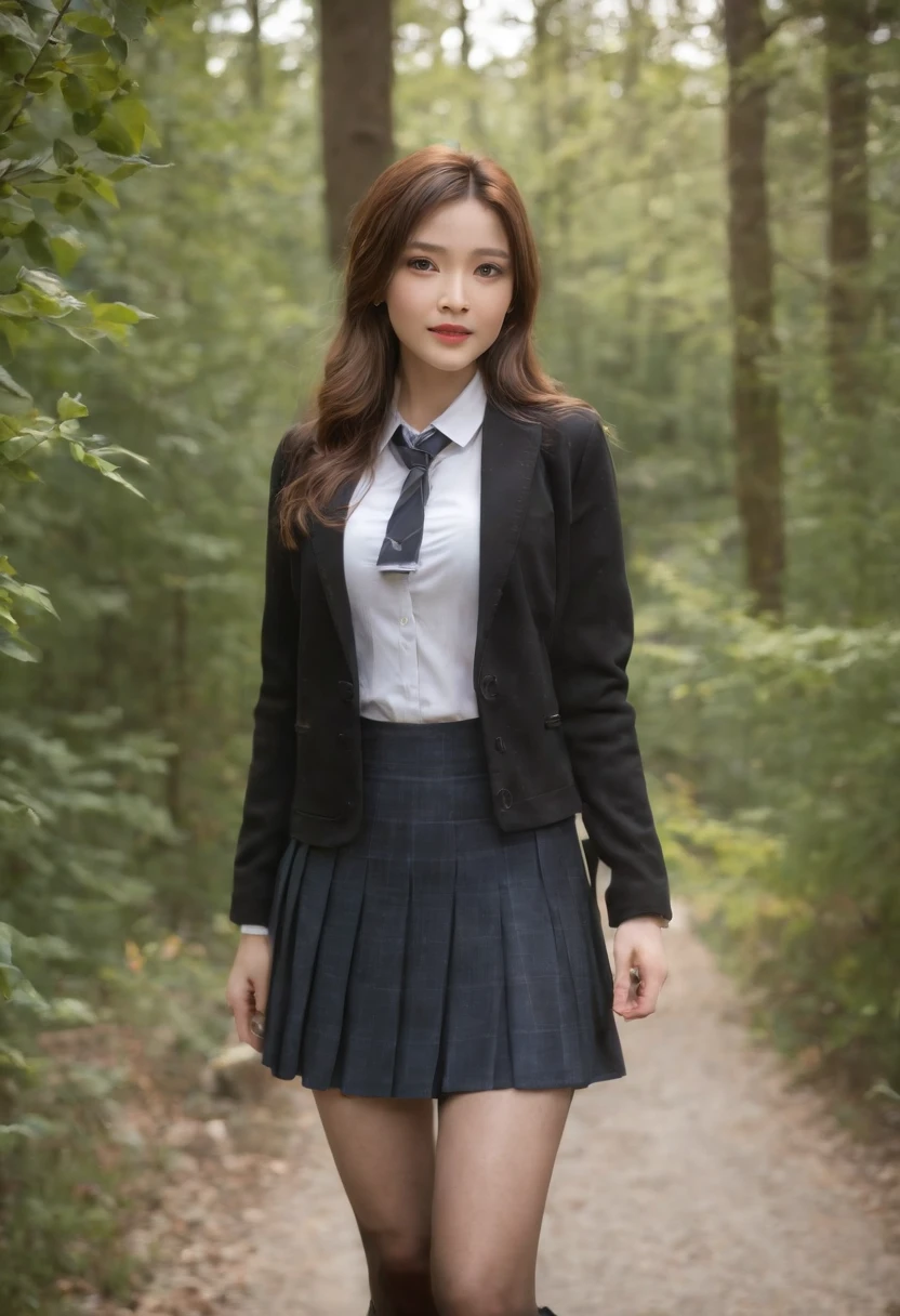 Best Quality,masutepiece,超A high resolution,Raw photo,Detail Face,Detailed skin,(Realistic, Photorealsitic:1.3),Dramatic Lighting,Light on Face,1girl in,Solo,Cowboy Shot,Standing,copper hair,forest,Outdoors,Looking at Viewer,Smile,Long hair,Bangs,Athur Women,A MILF,Narrow waist,skinny,Open your clothes,Black pantyhose,Black jacket,School uniform,Long sleeves,sleeves past wrists,Collared shirt,Pleated skirt,Black skirt,Miniskirt,plaid skirts,Bag,shoes,Black footwear,Blazer,Cardigan,Plaid,School bag,neck tie,highschool,Street,tree,Lens Flare,Wind,
filmg,mix4,