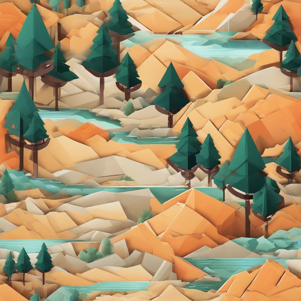 Constructivism, Abstractionism, high quality, high details,Minimalism,Art Deco, Conceptual art,A square canvas,It depicts a landscape painting,Among them, there are heavy mountains,A small stream flows through the valley,The sun is directly above the mountains,Several coconut trees can be seen up close,The whole picture presents a very soft warm color,And it is created in the form of a 3D model